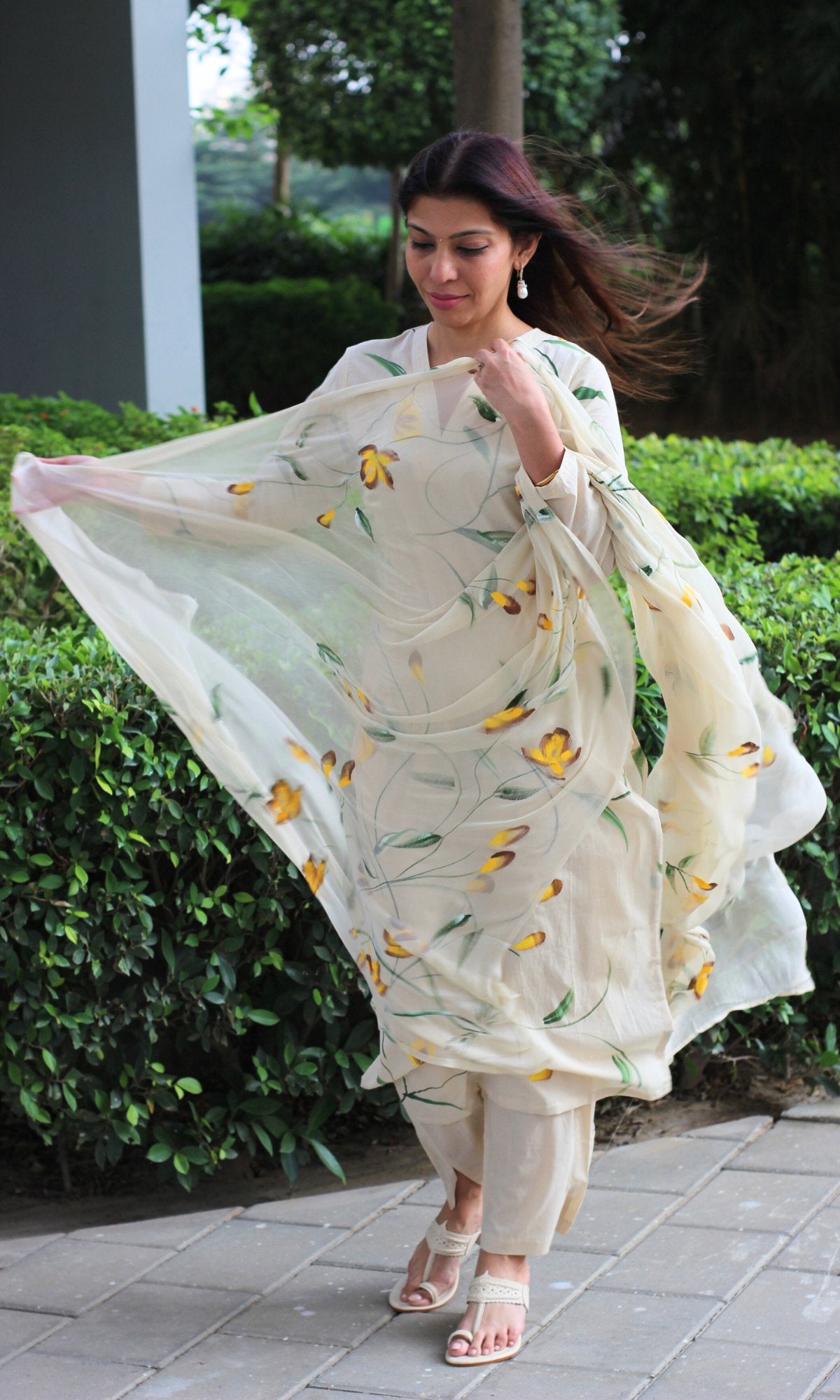 Cotton Pale Yellow Handbrush Painted Suit with Chiffon Hand painted Dupatta - Baareeki