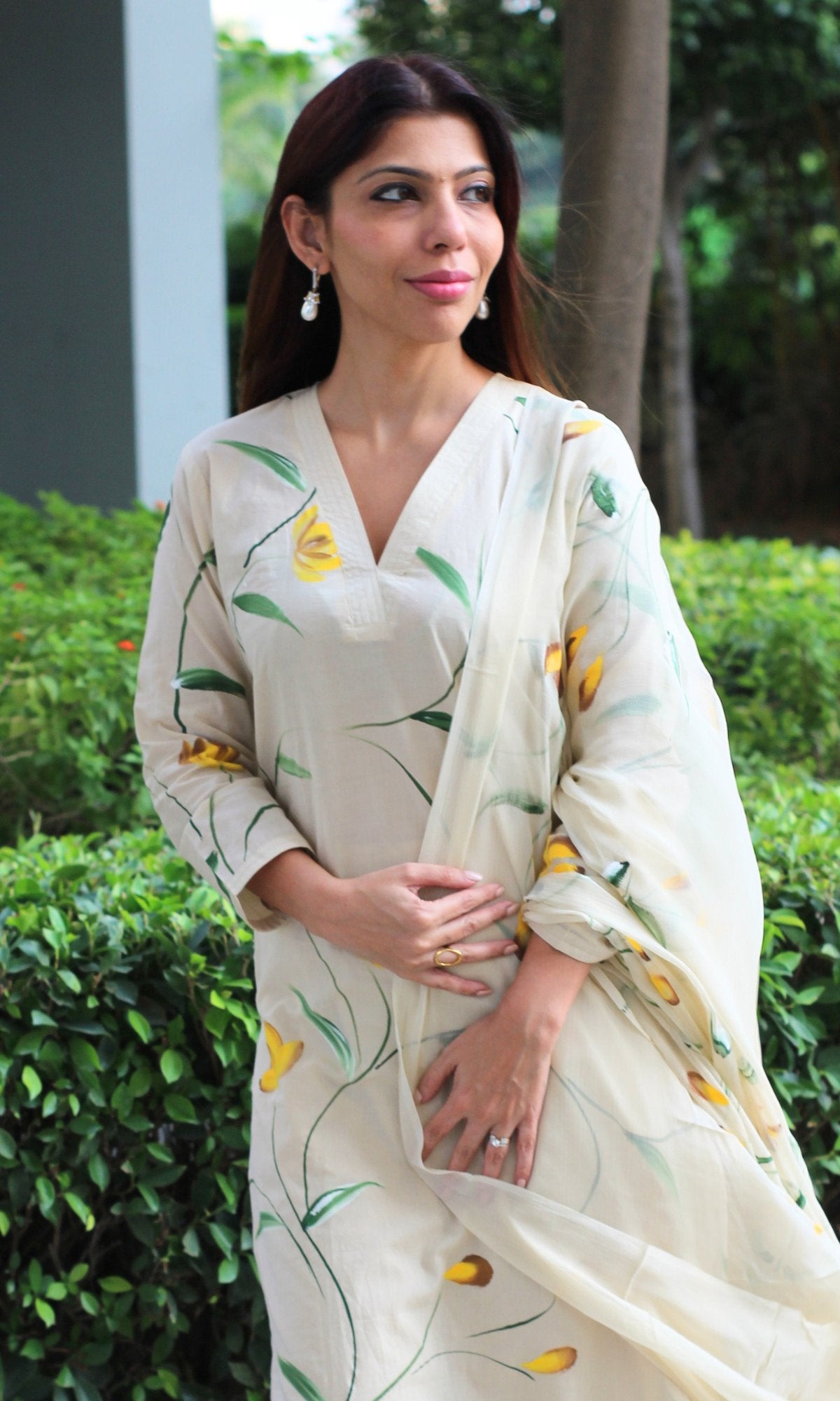 Cotton Pale Yellow Handbrush Painted Suit with Chiffon Hand painted Dupatta - Baareeki