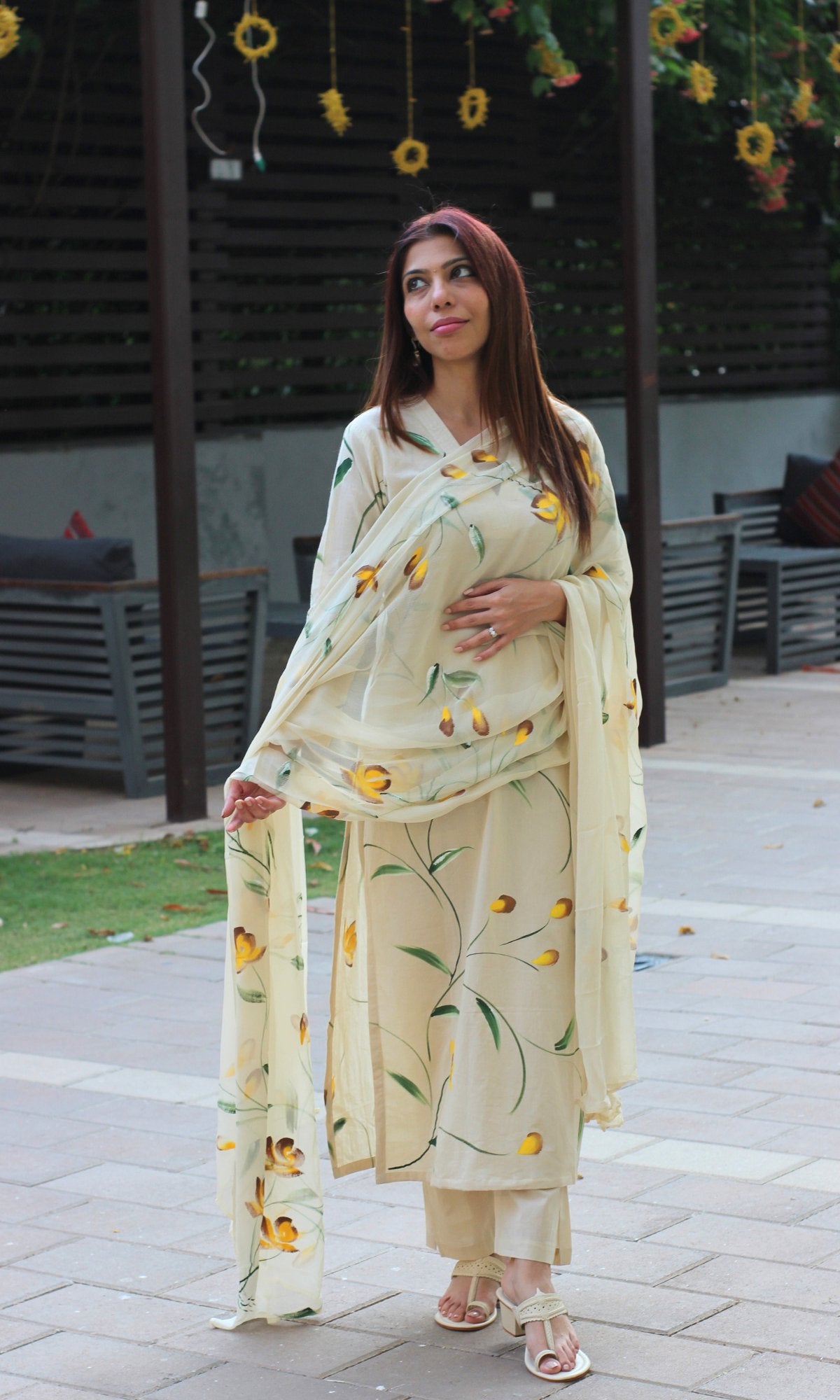 Cotton Pale Yellow Handbrush Painted Suit with Chiffon Hand painted Dupatta - Baareeki