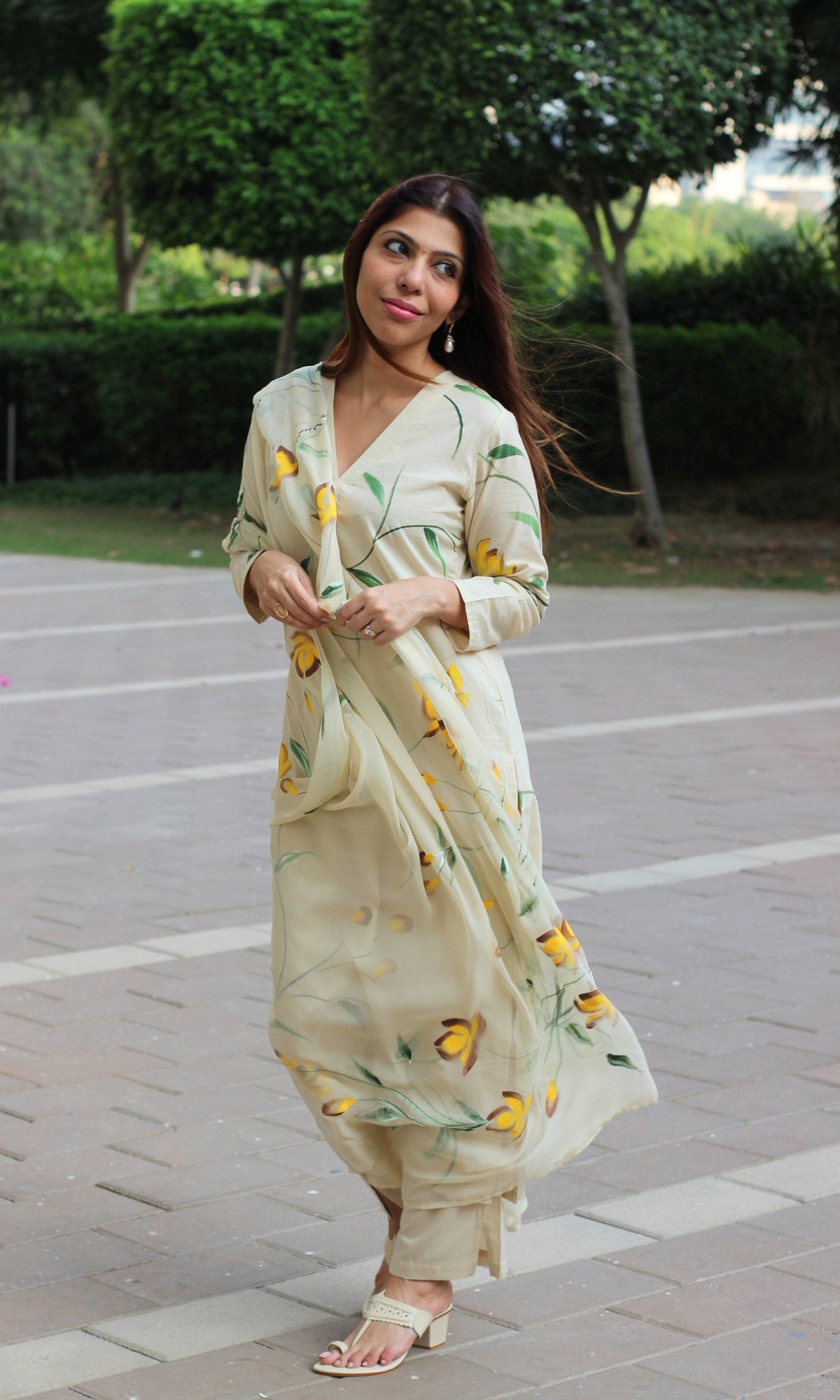 Cotton Pale Yellow Handbrush Painted Suit with Chiffon Hand painted Dupatta - Baareeki
