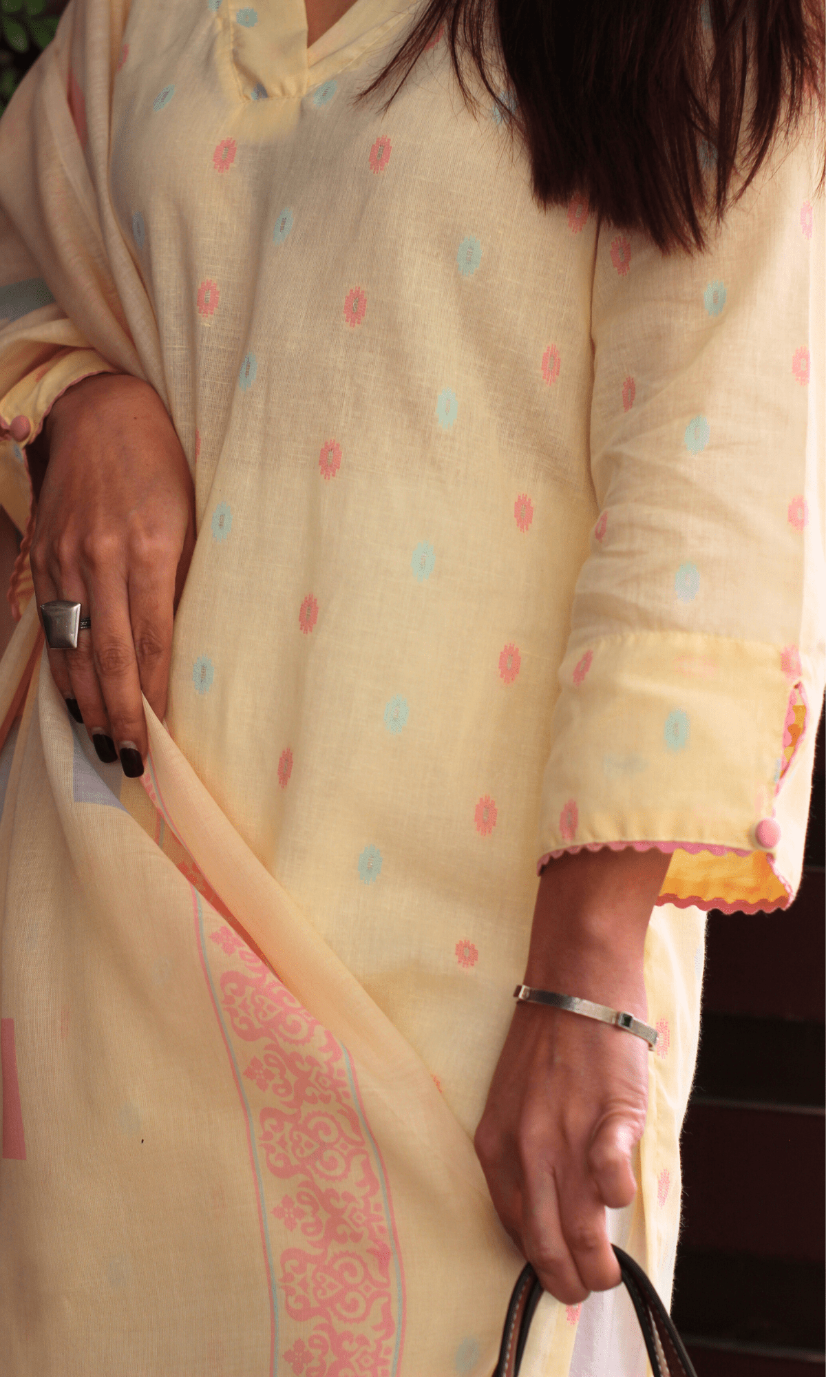 Cotton Pastel Lemon Dobby Kurta & Mul Printed Dupatta - Baareeki