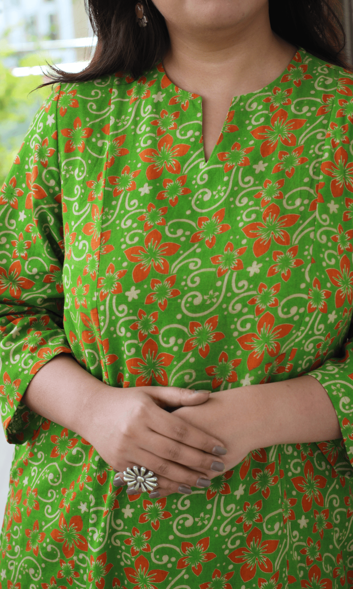 Cotton Pear Green Handblock Kalamkari Print Kali Kurta - Baareeki