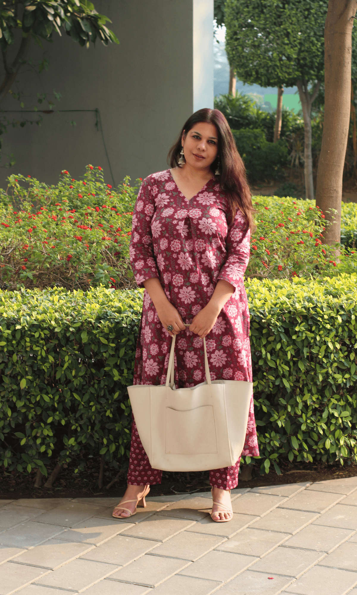 Cotton Plum Floral Pleated Kurta & Pant Co - ord - Baareeki