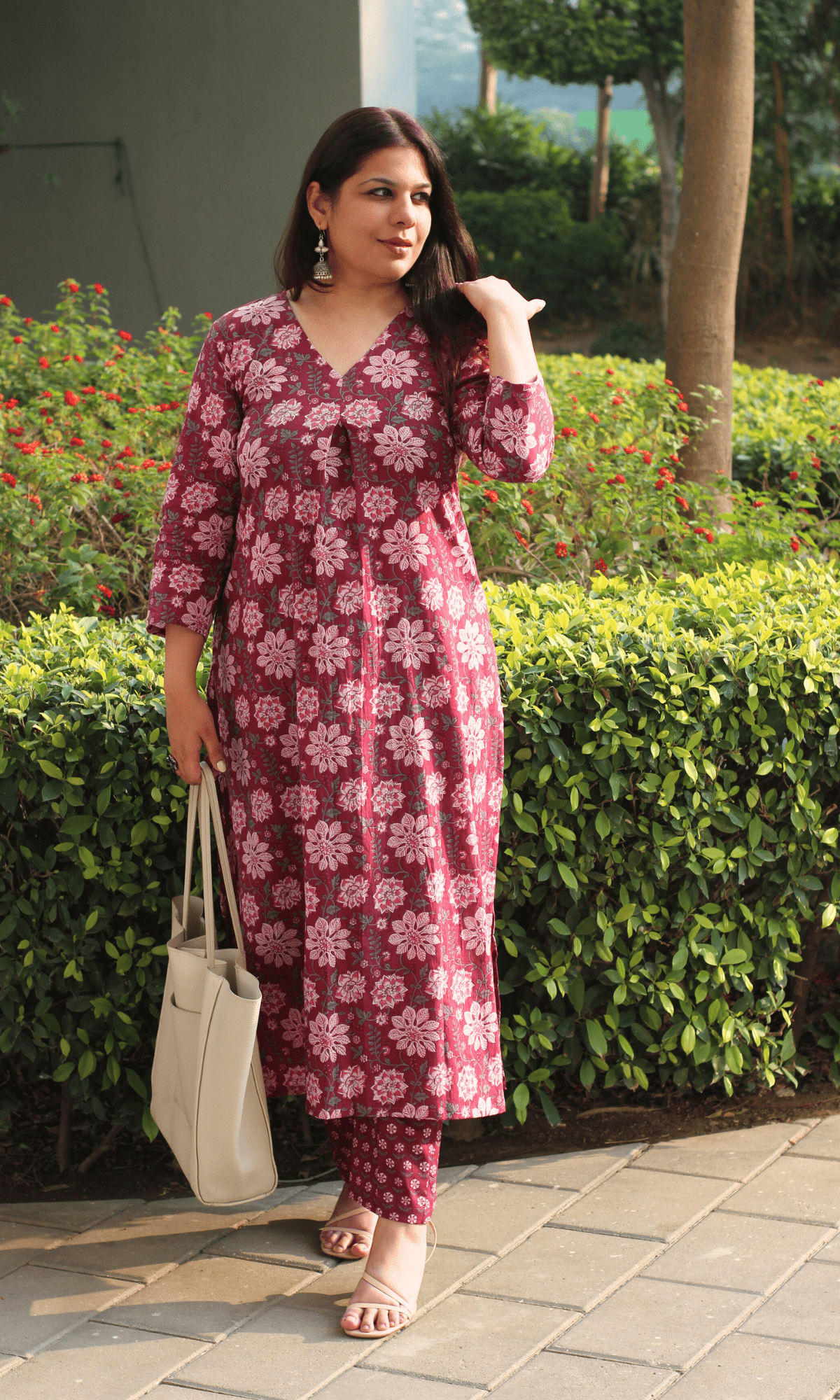 Cotton Plum Floral Pleated Kurta & Pant Co - ord - Baareeki
