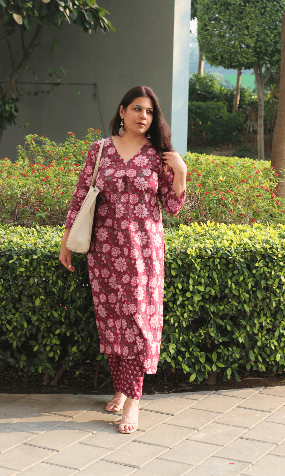 Cotton Plum Floral Pleated Kurta & Pant Co - ord - Baareeki