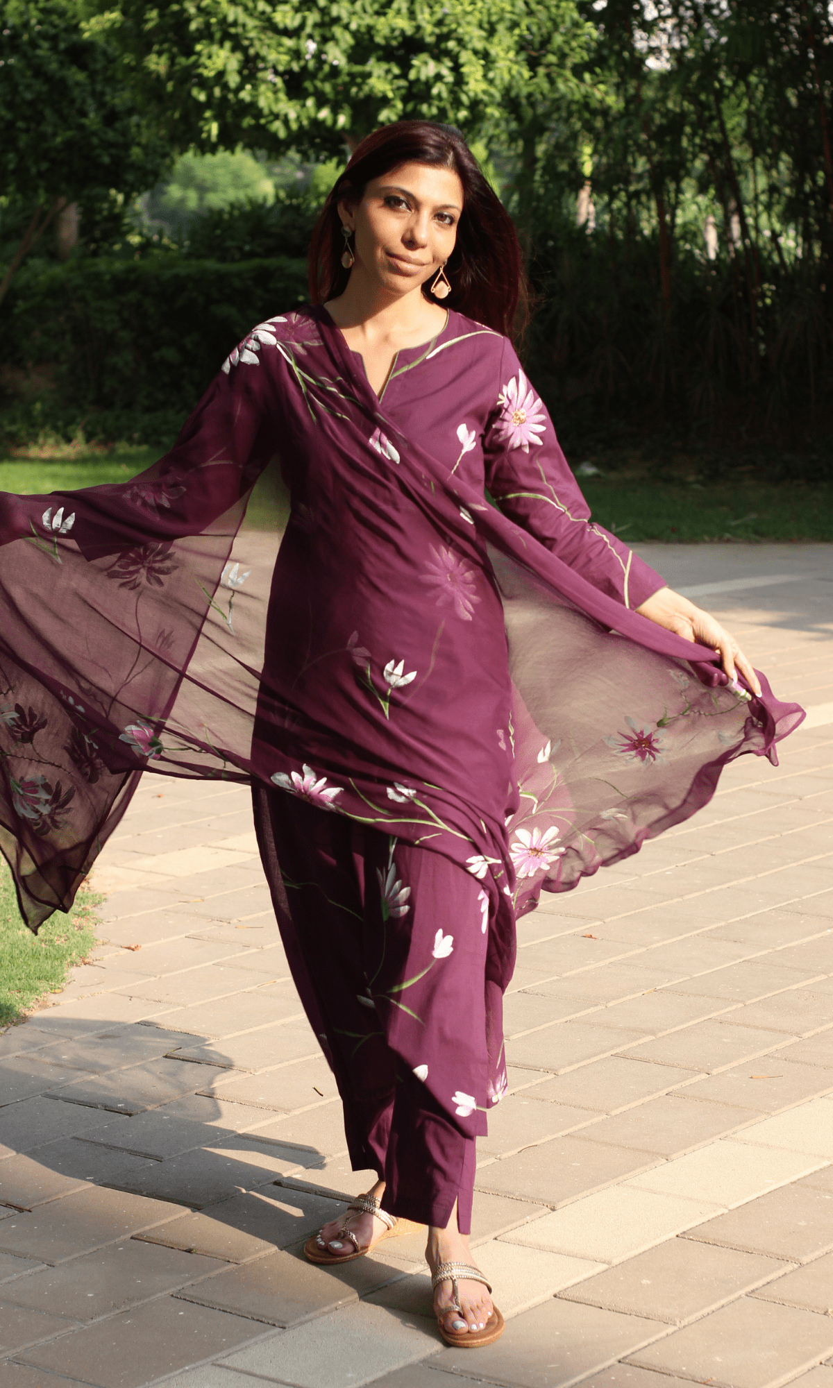 Cotton Plum Petal Handbrush Suit with Chiffon Hand - painted Dupatta - Baareeki
