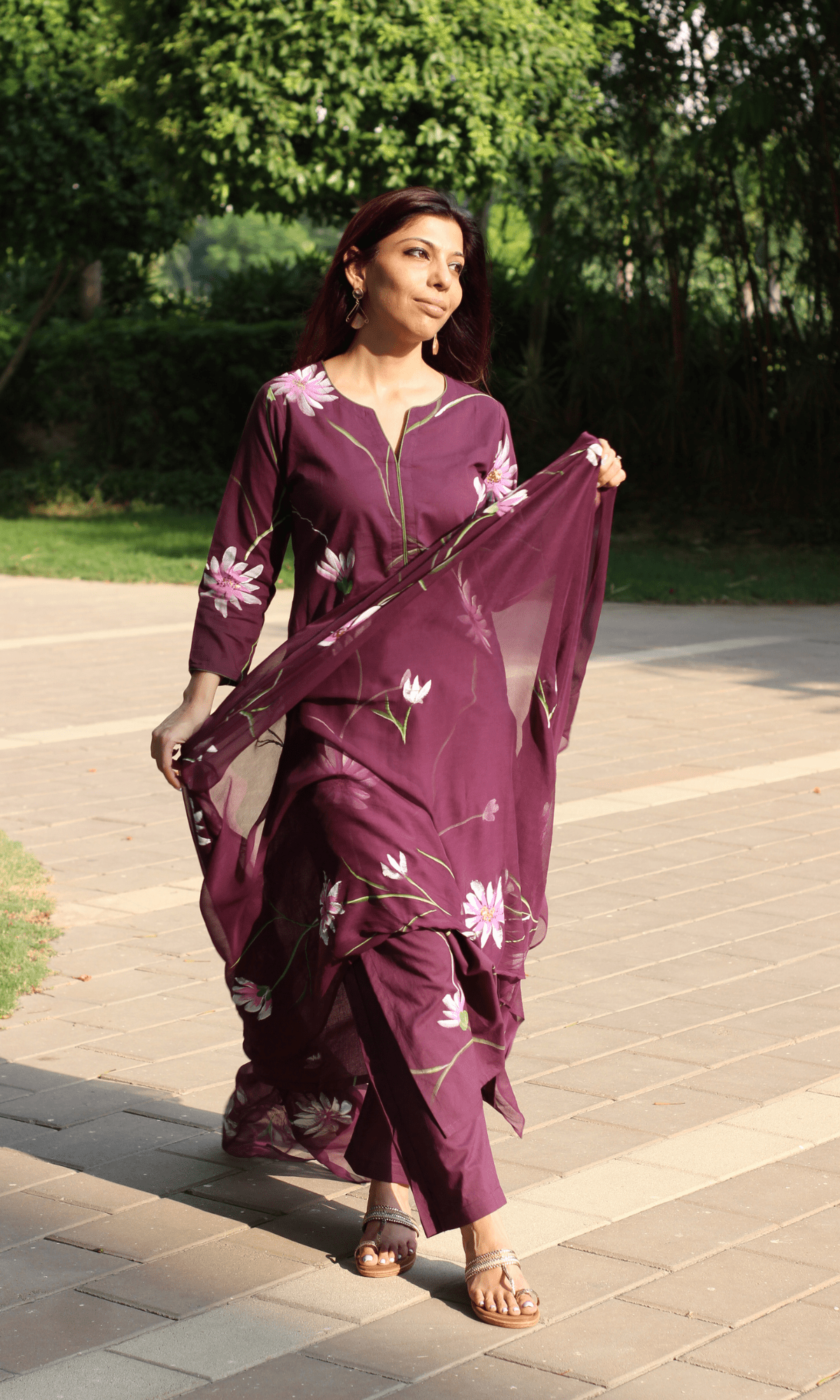Cotton Plum Petal Handbrush Suit with Chiffon Hand - painted Dupatta - Baareeki