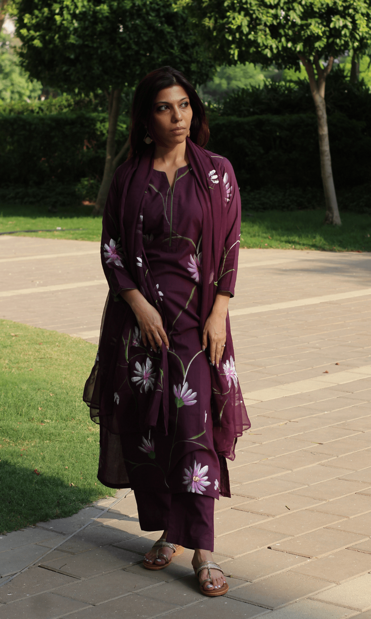 Cotton Plum Petal Handbrush Suit with Chiffon Hand - painted Dupatta - Baareeki