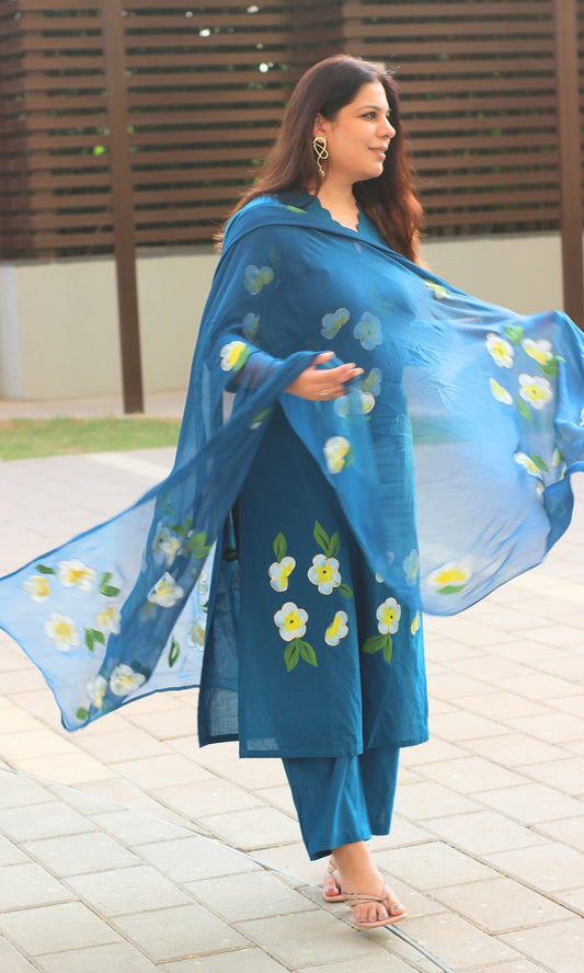 Cotton Prussian Blue Handbrush Painted Suit with Chiffon HandPainted Dupatta - Baareeki