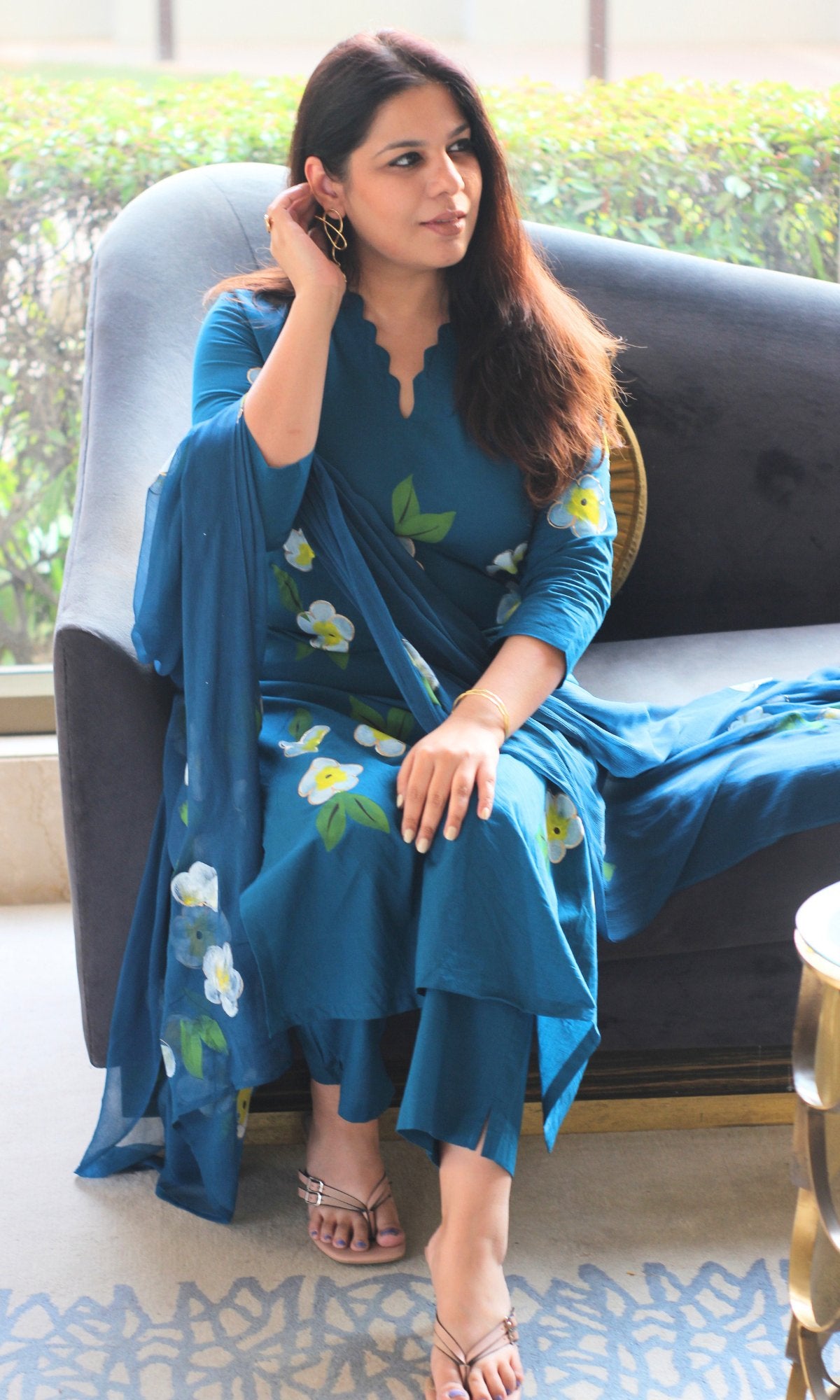 Cotton Prussian Blue Handbrush Painted Suit with Chiffon HandPainted Dupatta - Baareeki