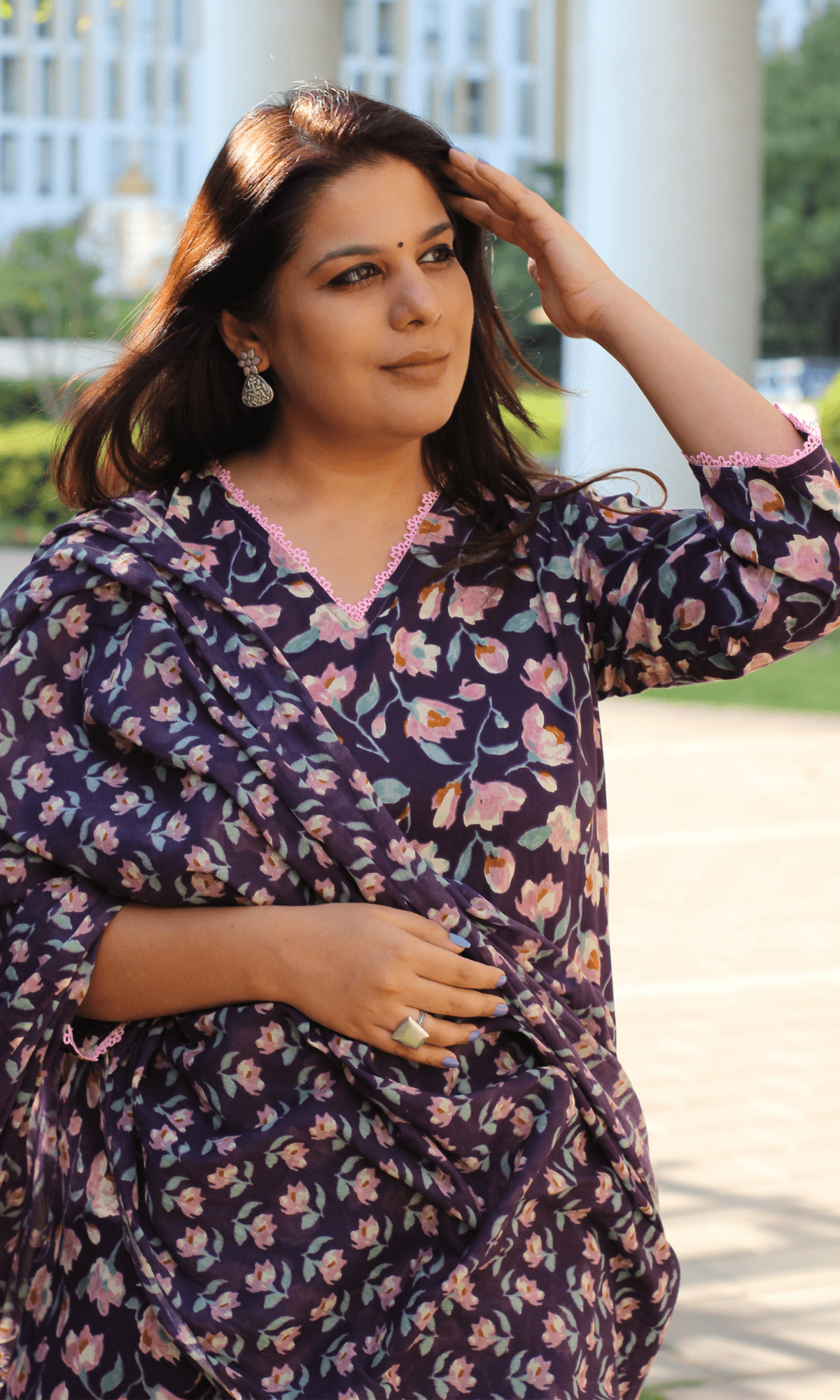 Cotton Purple & Pink Bloom Suit with Cotton Printed Dupatta - Baareeki