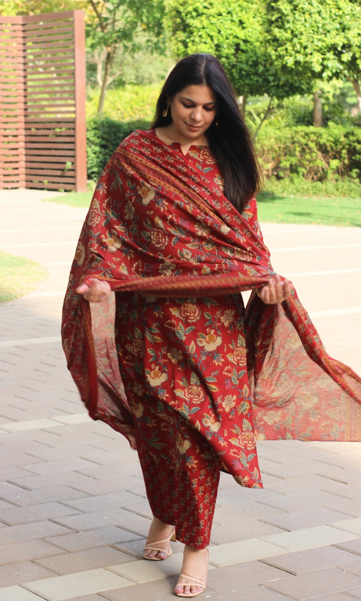 Cotton Red Floral Print Suit Set with Cotton Printed Dupatta - Baareeki