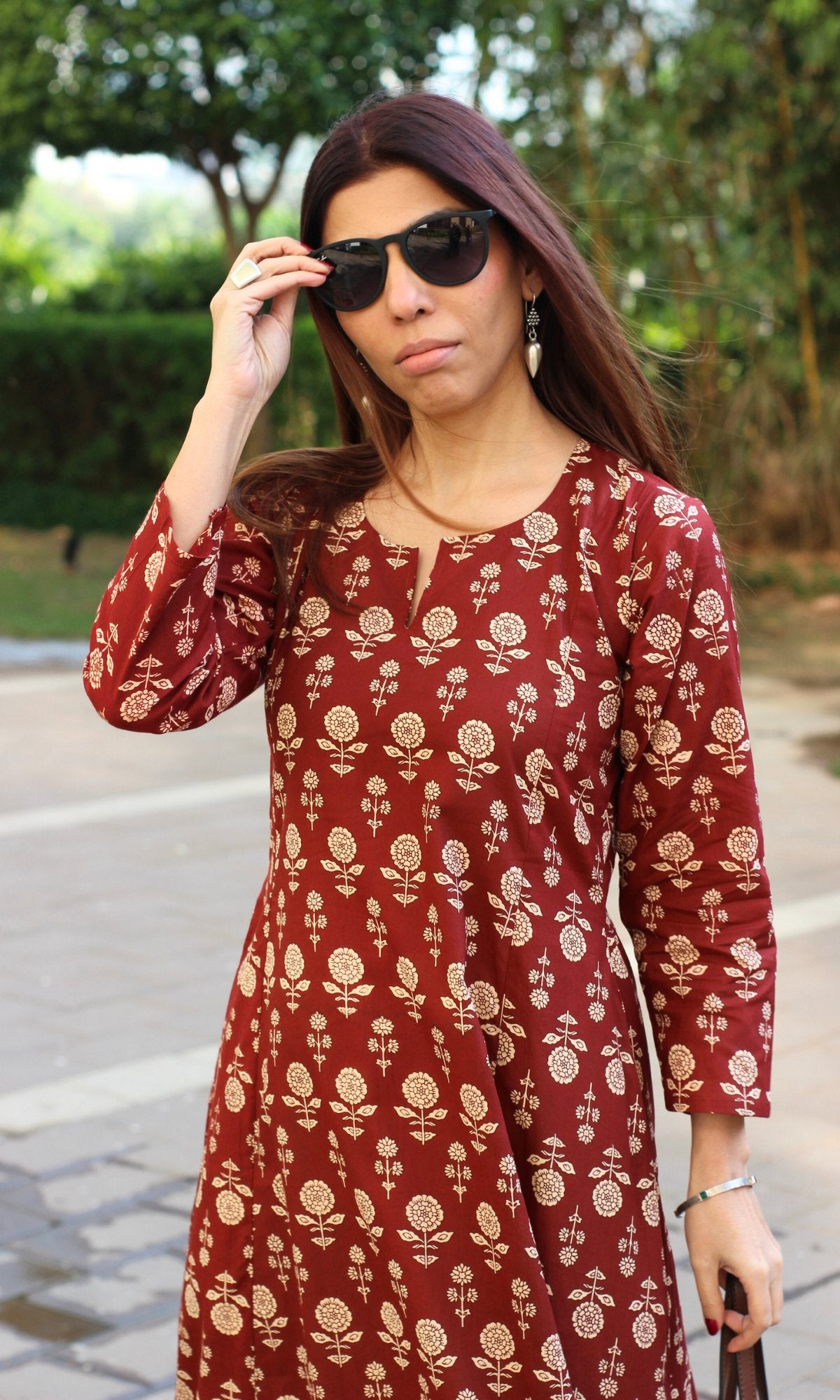 Cotton Red Flower Boota Kali Kurta - Baareeki