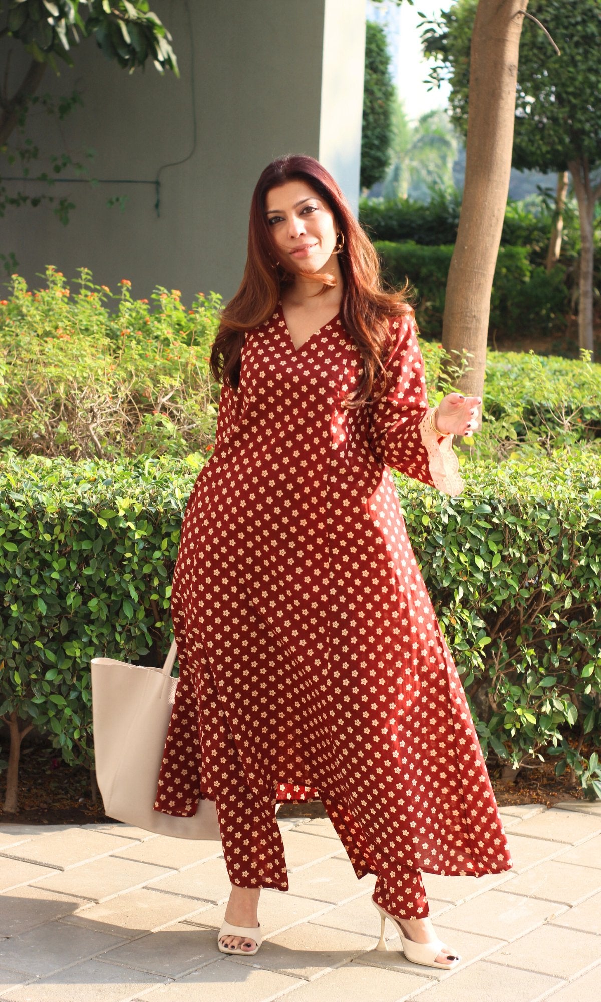 Cotton Red Flower Print High Low Kurta & Palazzo - Baareeki