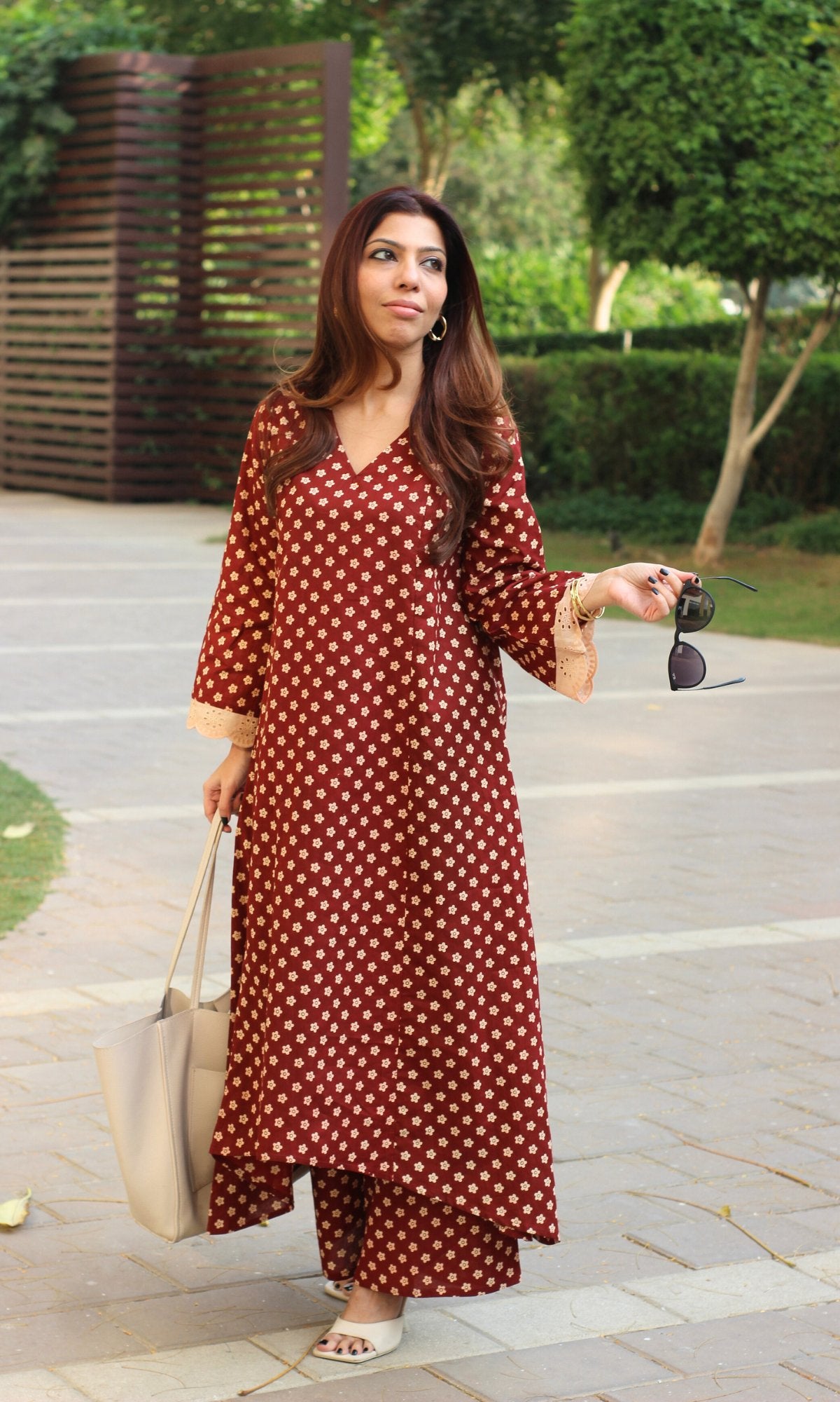 Cotton Red Flower Print High Low Kurta & Palazzo - Baareeki