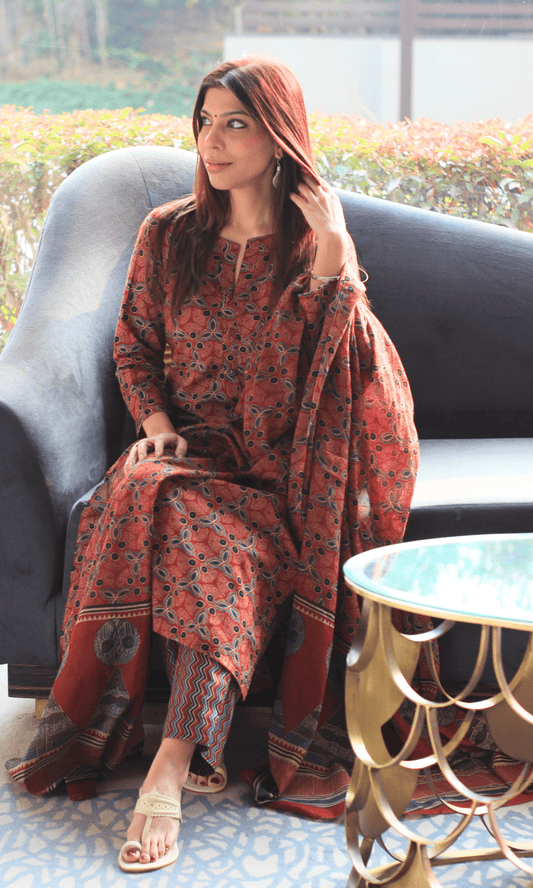 Cotton Red Kutch Ajrakh Print Suit with Cotton Printed Dupatta - Baareeki