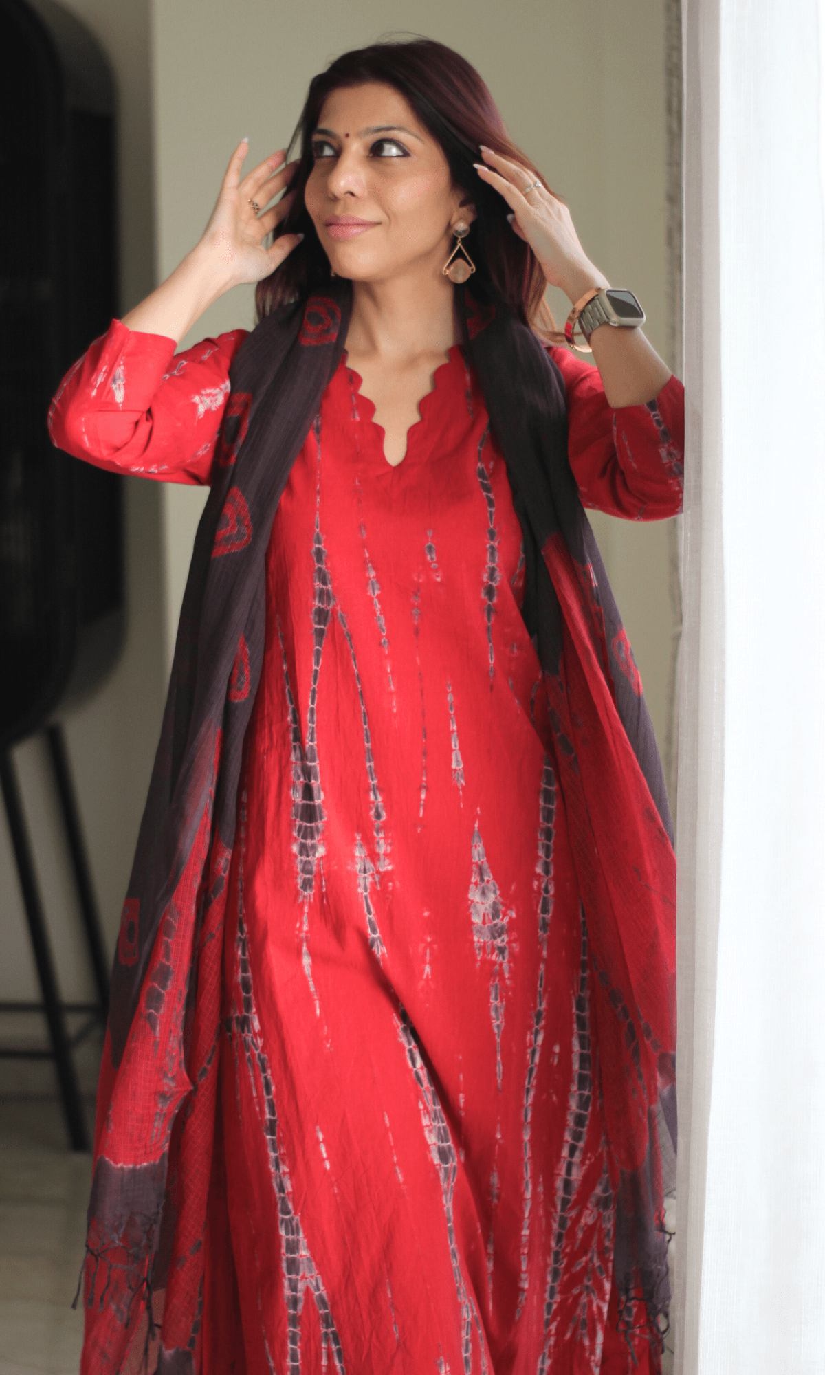 Cotton Red Tie & Dye Suit with Kota Doria Tie & Dye Dupatta - Baareeki