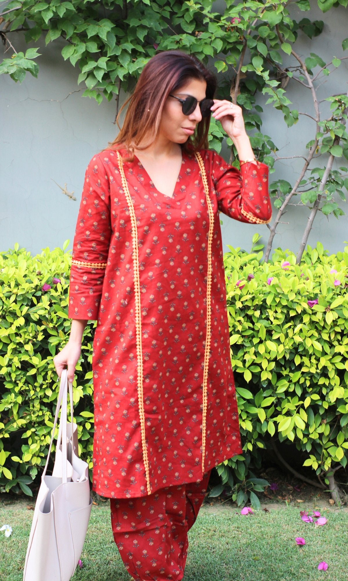 Cotton Rose Red A line Kurta & Pathani Pants - Baareeki