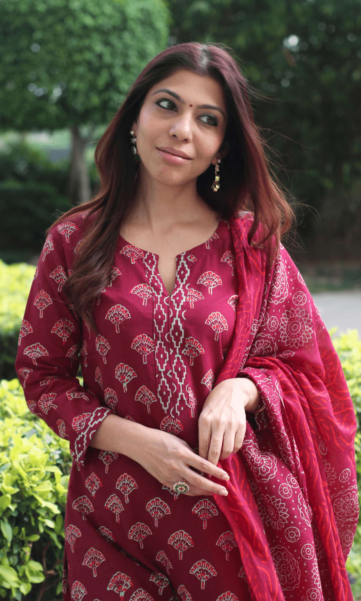 Cotton Ruby Badmeri Handblock Print Kurta, Dupatta with Cotton Pants - Baareeki