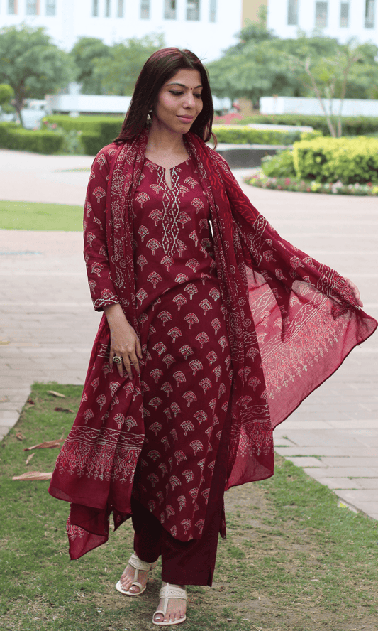 Cotton Ruby Badmeri Handblock Print Kurta, Dupatta with Cotton Pants - Baareeki