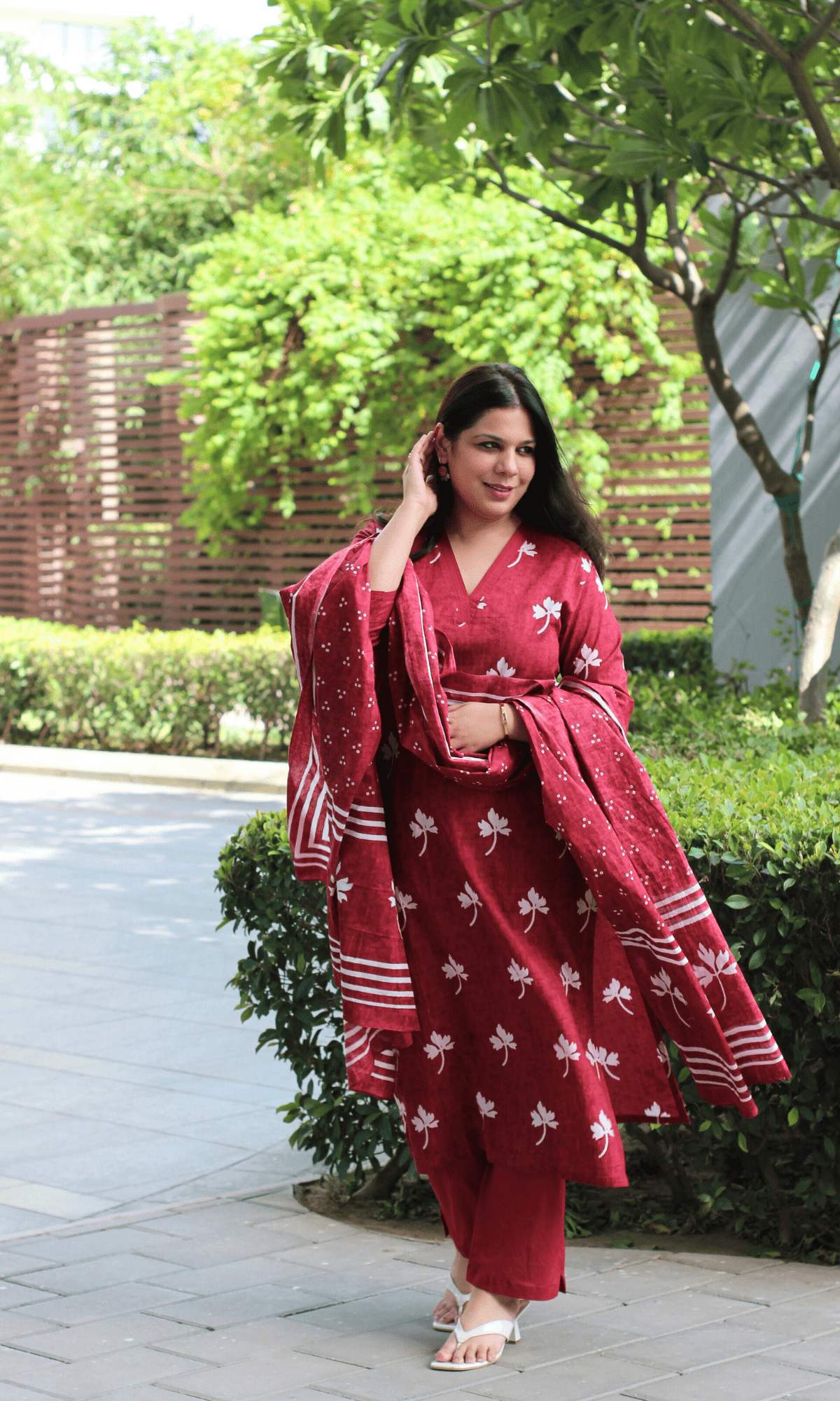 Cotton Ruby Maple Leaf Print Suit with Cotton Printed Dupatta - Baareeki