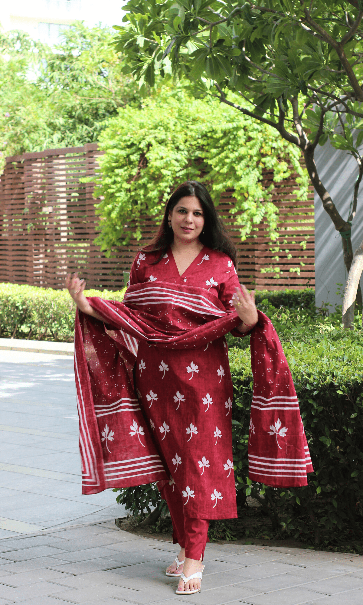 Cotton Ruby Maple Leaf Print Suit with Cotton Printed Dupatta - Baareeki