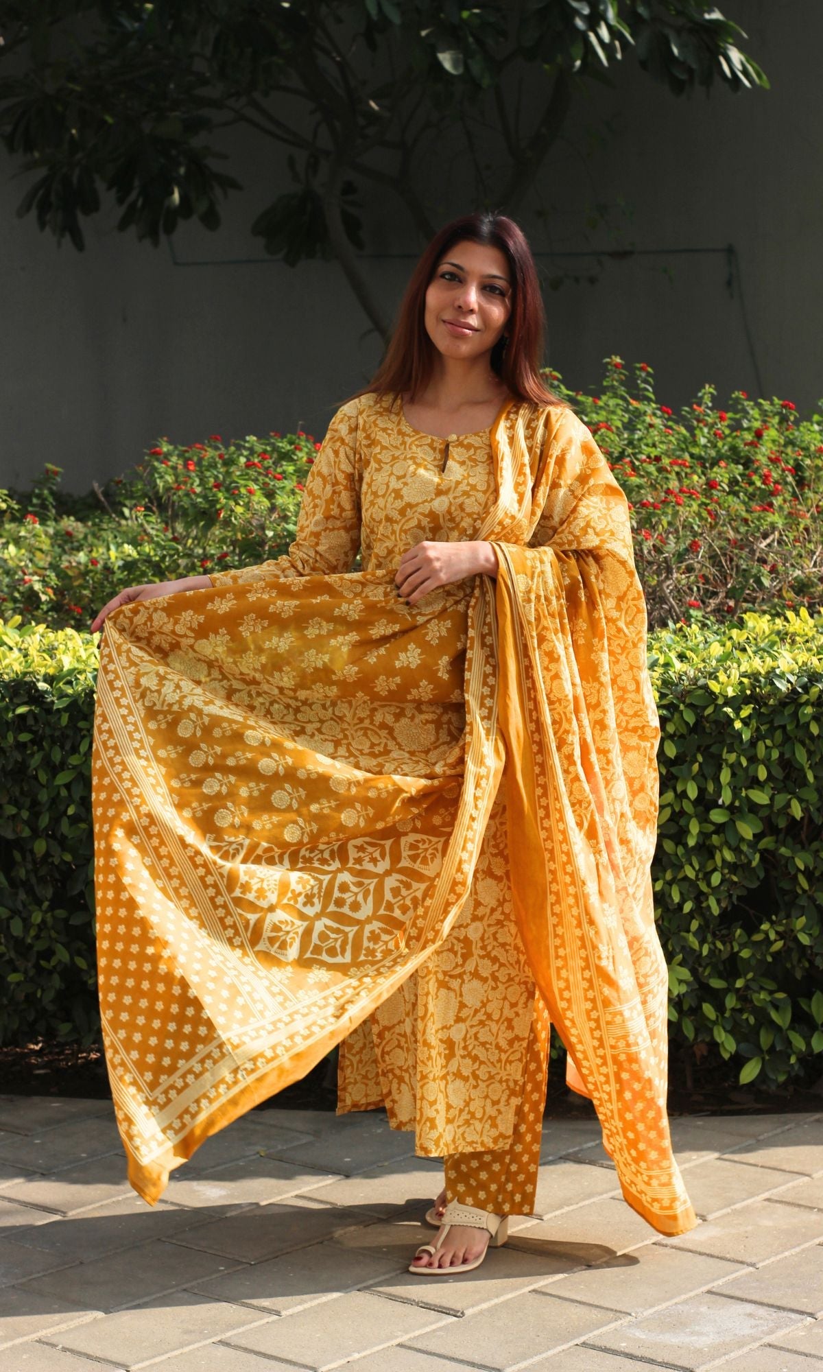 Cotton Saffron Jaal Print Suit with Cotton Printed Dupatta - Baareeki