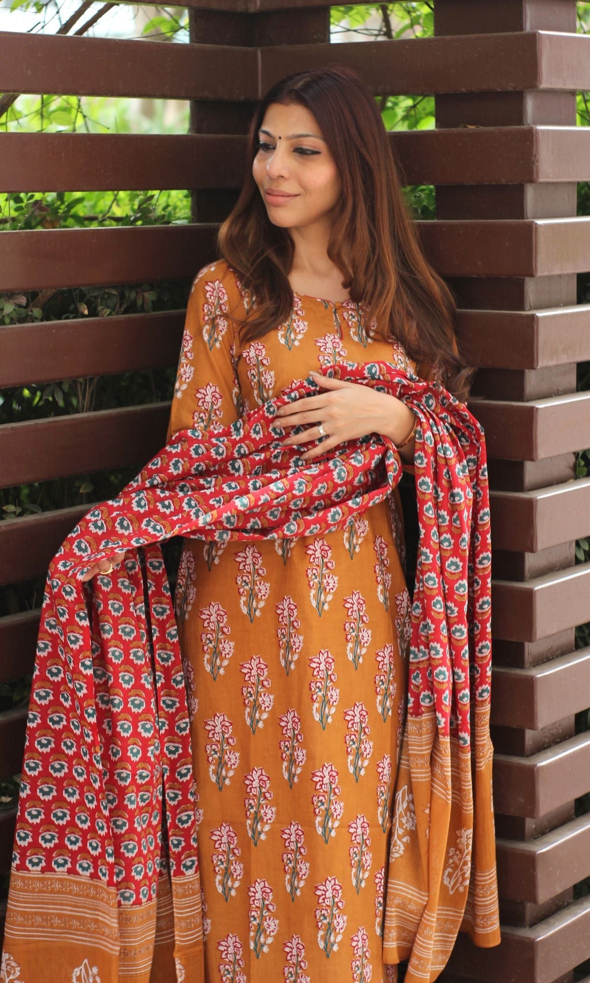 Cotton Sanganeri Copper Suit Set with Printed Dupatta - Baareeki