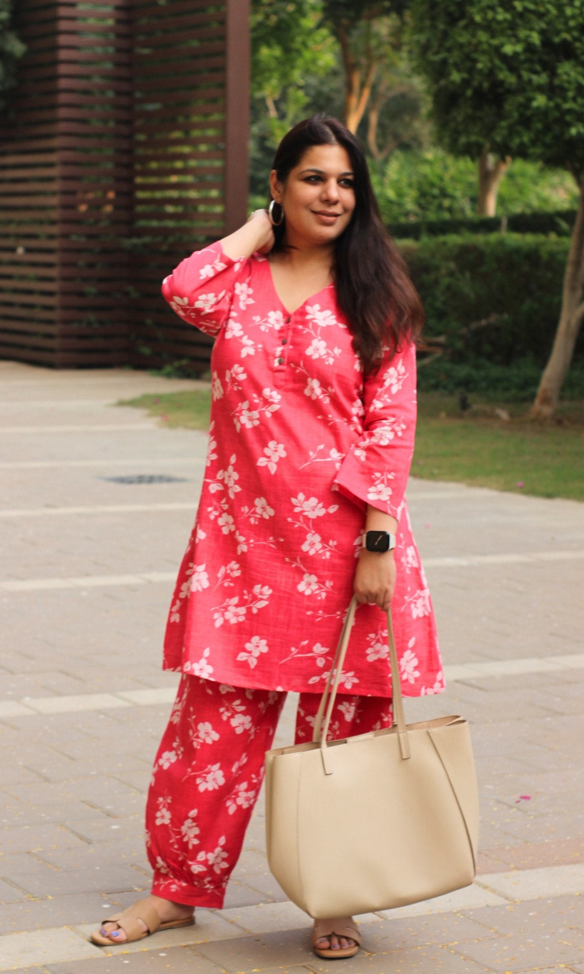 Cotton Slub Bright Pink A Line Kurta with Pathani Pants - Baareeki