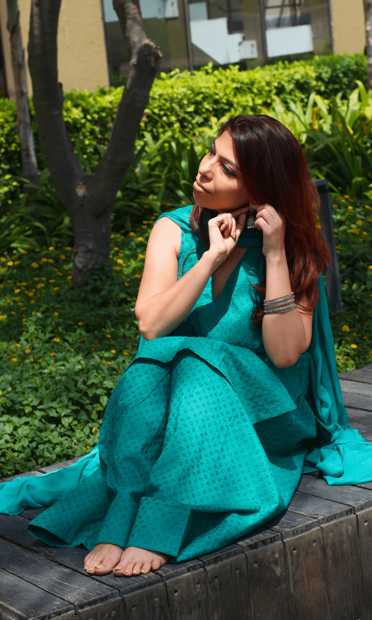 Cotton Slub Dobby Green Sleeveless Short Kurta with Farshi Salwar & Chiffon Dupatta - Baareeki