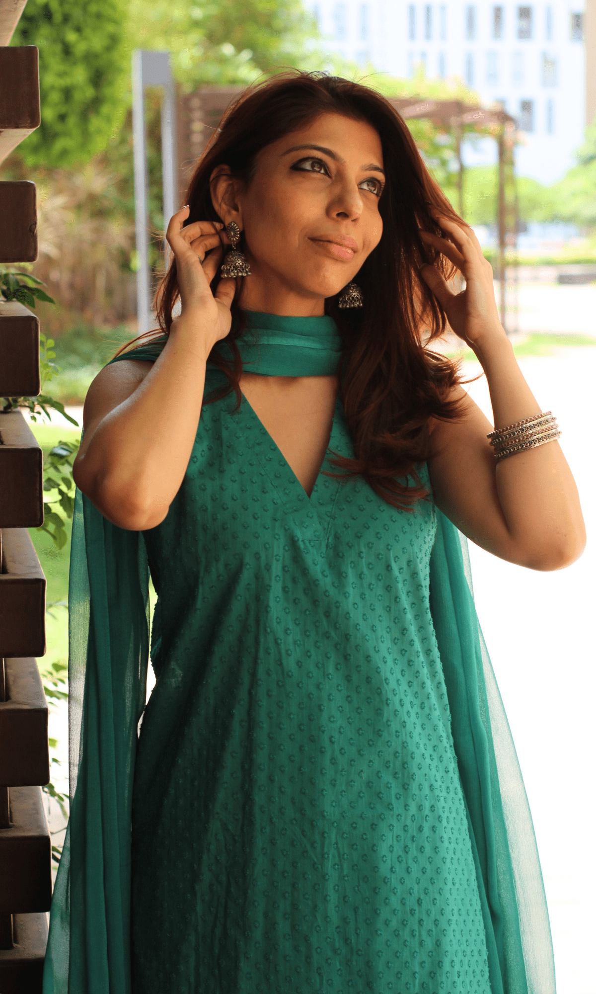 Cotton Slub Dobby Green Sleeveless Short Kurta with Farshi Salwar & Chiffon Dupatta - Baareeki