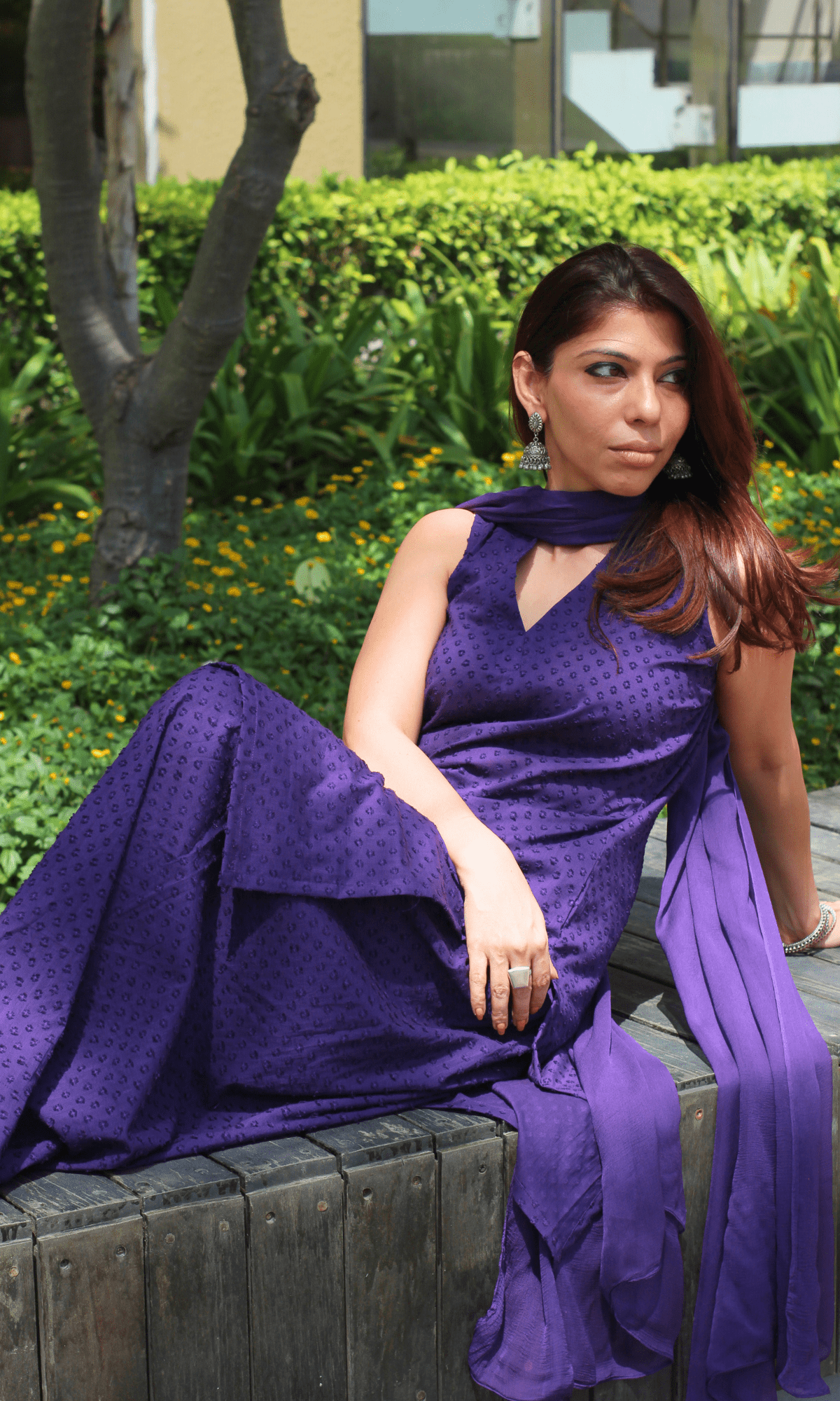 Cotton Slub Dobby Purple Sleeveless Short Kurta with Farshi Salwar & Chiffon Dupatta - Baareeki