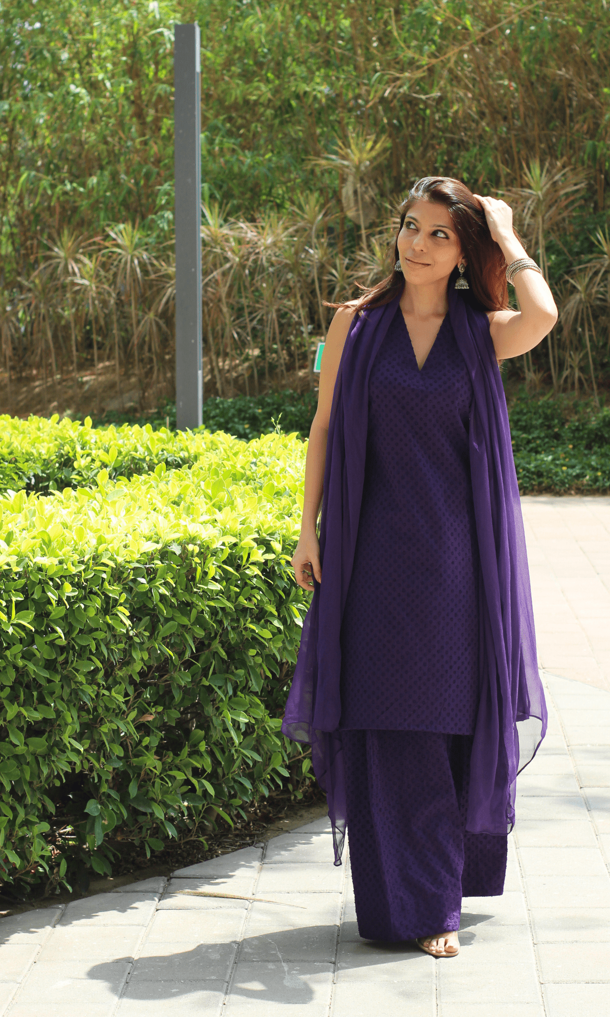 Cotton Slub Dobby Purple Sleeveless Short Kurta with Farshi Salwar & Chiffon Dupatta - Baareeki