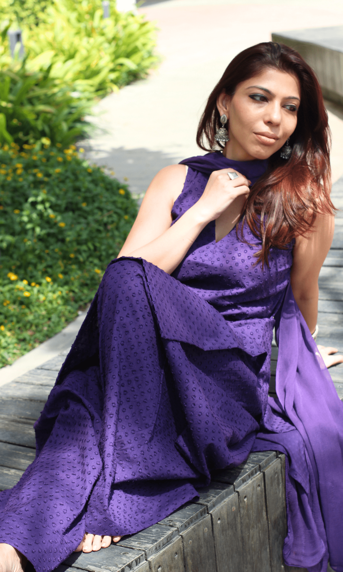 Cotton Slub Dobby Purple Sleeveless Short Kurta with Farshi Salwar & Chiffon Dupatta - Baareeki