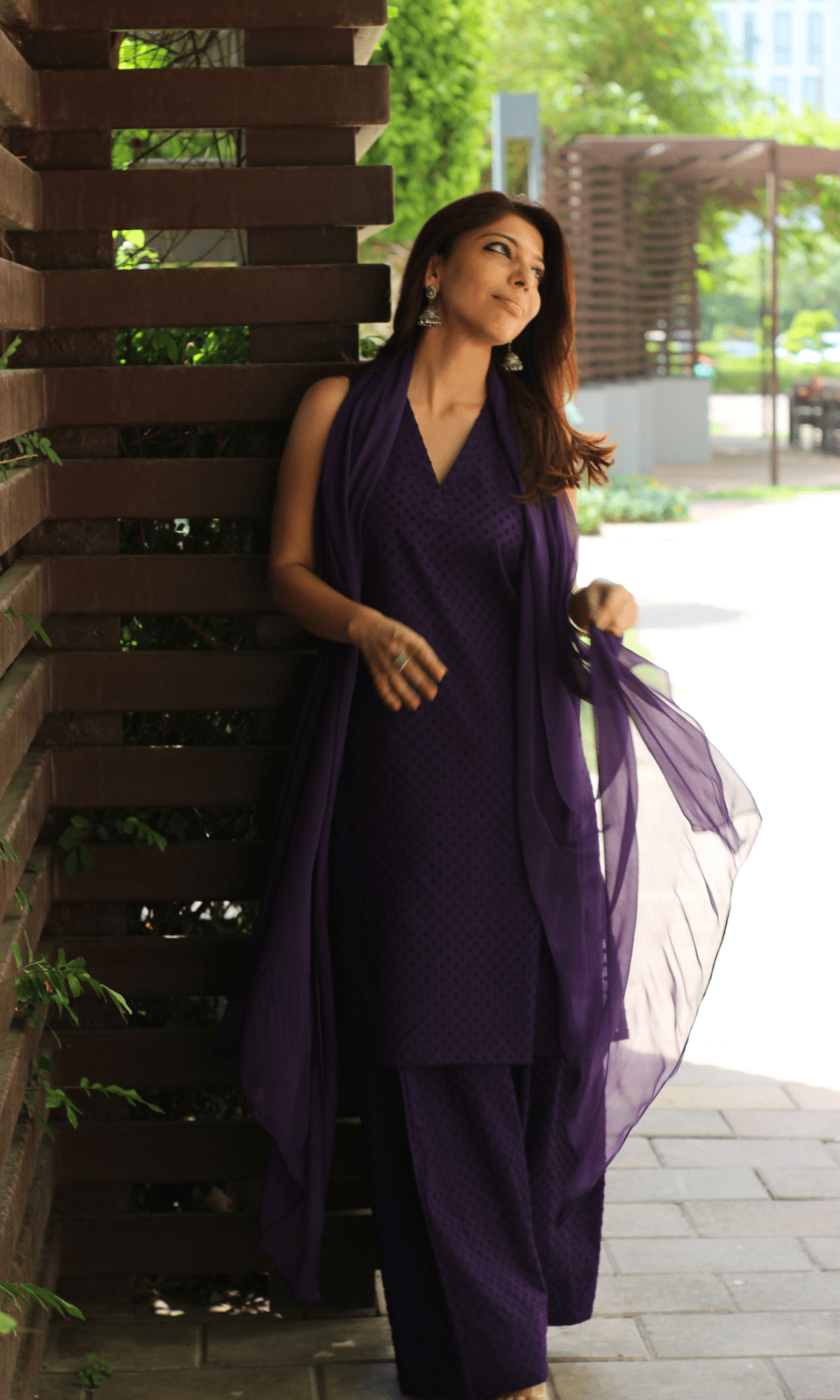 Cotton Slub Dobby Purple Sleeveless Short Kurta with Farshi Salwar & Chiffon Dupatta - Baareeki