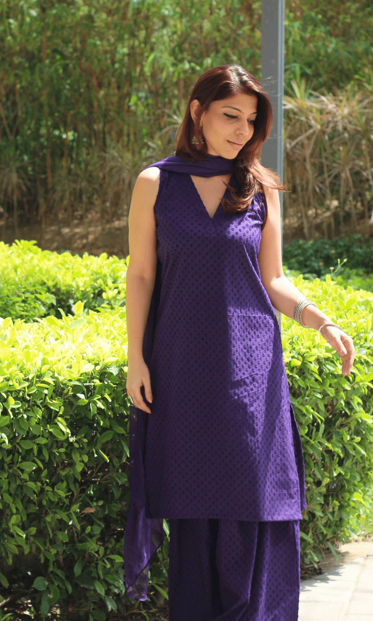 Cotton Slub Dobby Purple Sleeveless Short Kurta with Farshi Salwar & Chiffon Dupatta - Baareeki