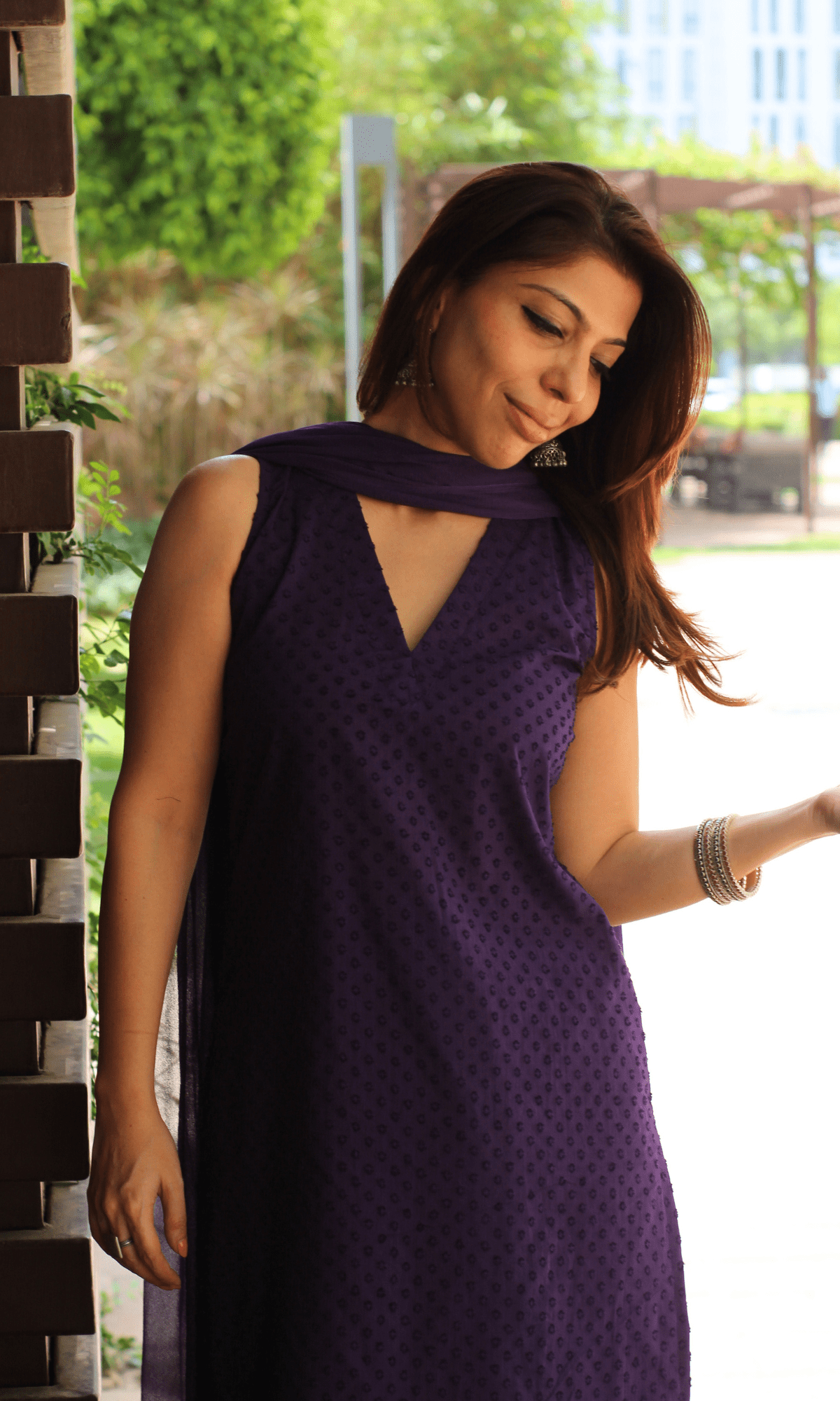 Cotton Slub Dobby Purple Sleeveless Short Kurta with Farshi Salwar & Chiffon Dupatta - Baareeki