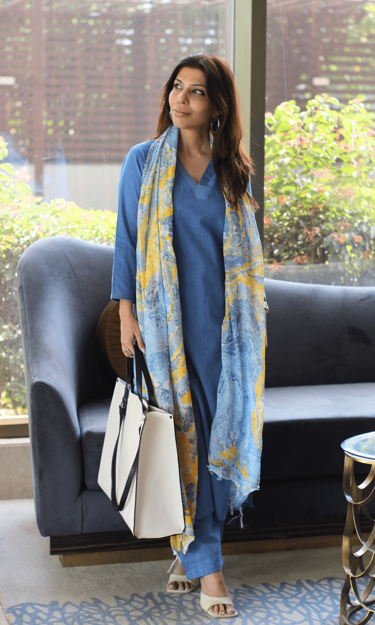 Cotton Slub French Blue Suit With Slub Mirage Dupatta - Baareeki