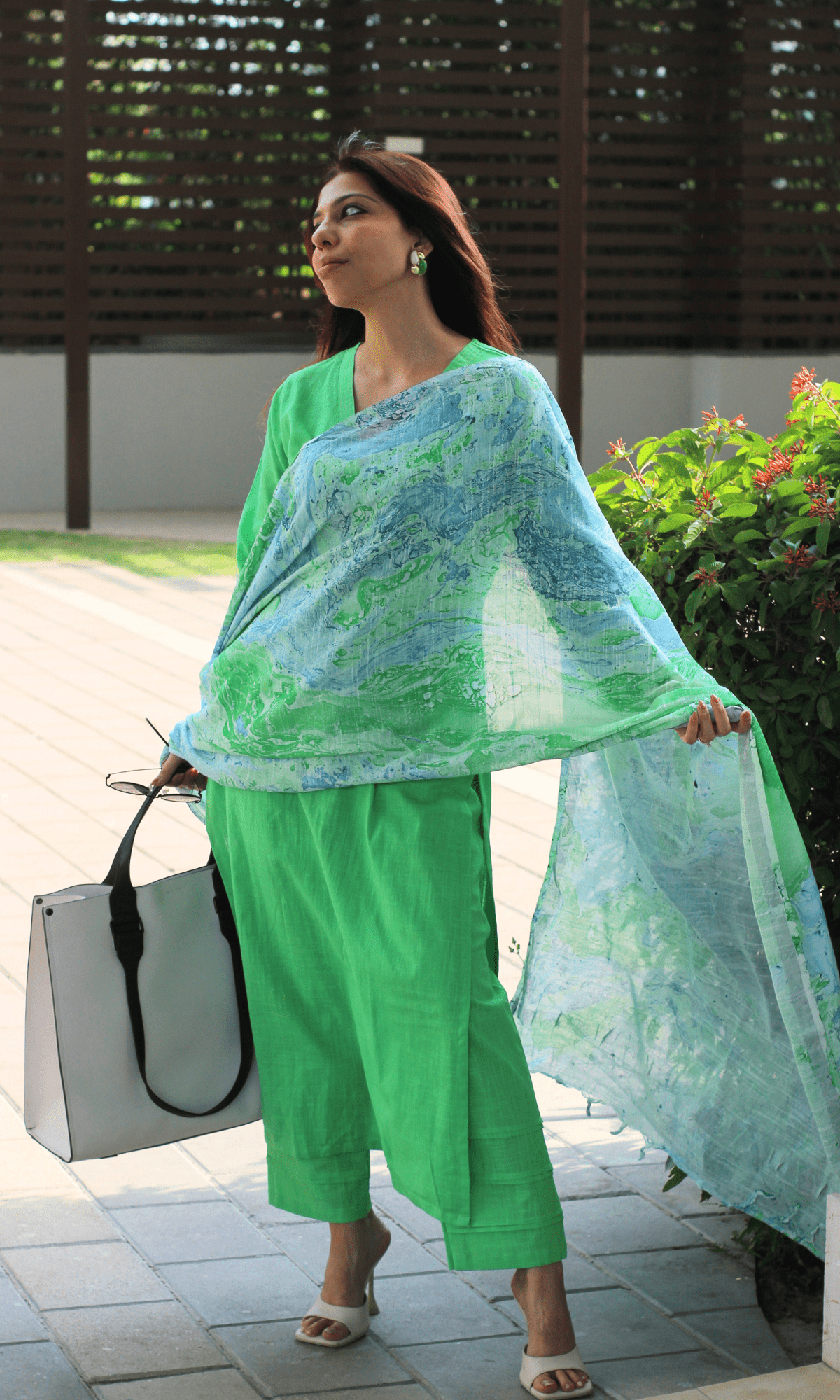 Cotton Slub Kelly Green Suit with Marble Mist Cotton Dupatta - Baareeki
