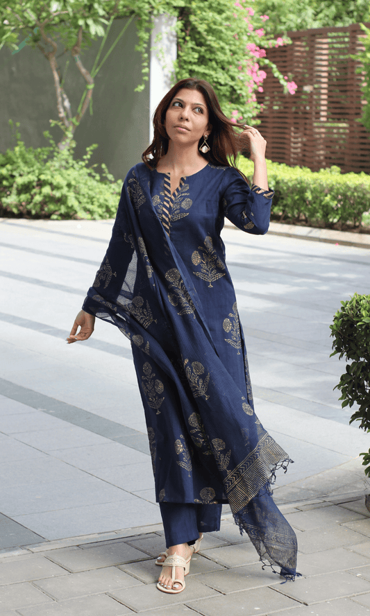 Cotton Slub Royal Navy Mughal Print Suit with Kota Doria Printed Dupatta - Baareeki