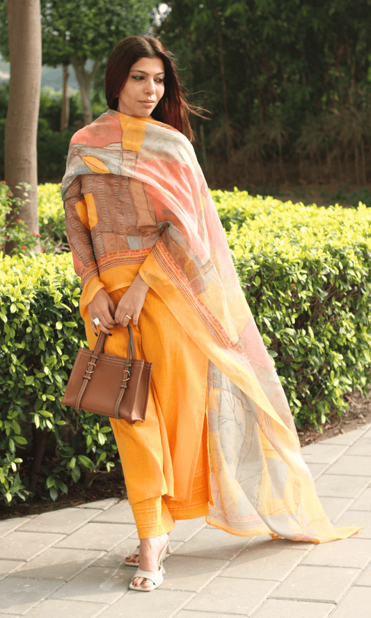 Cotton Slub Solid Yellow Suit with Mul Printed Dupatta - Baareeki