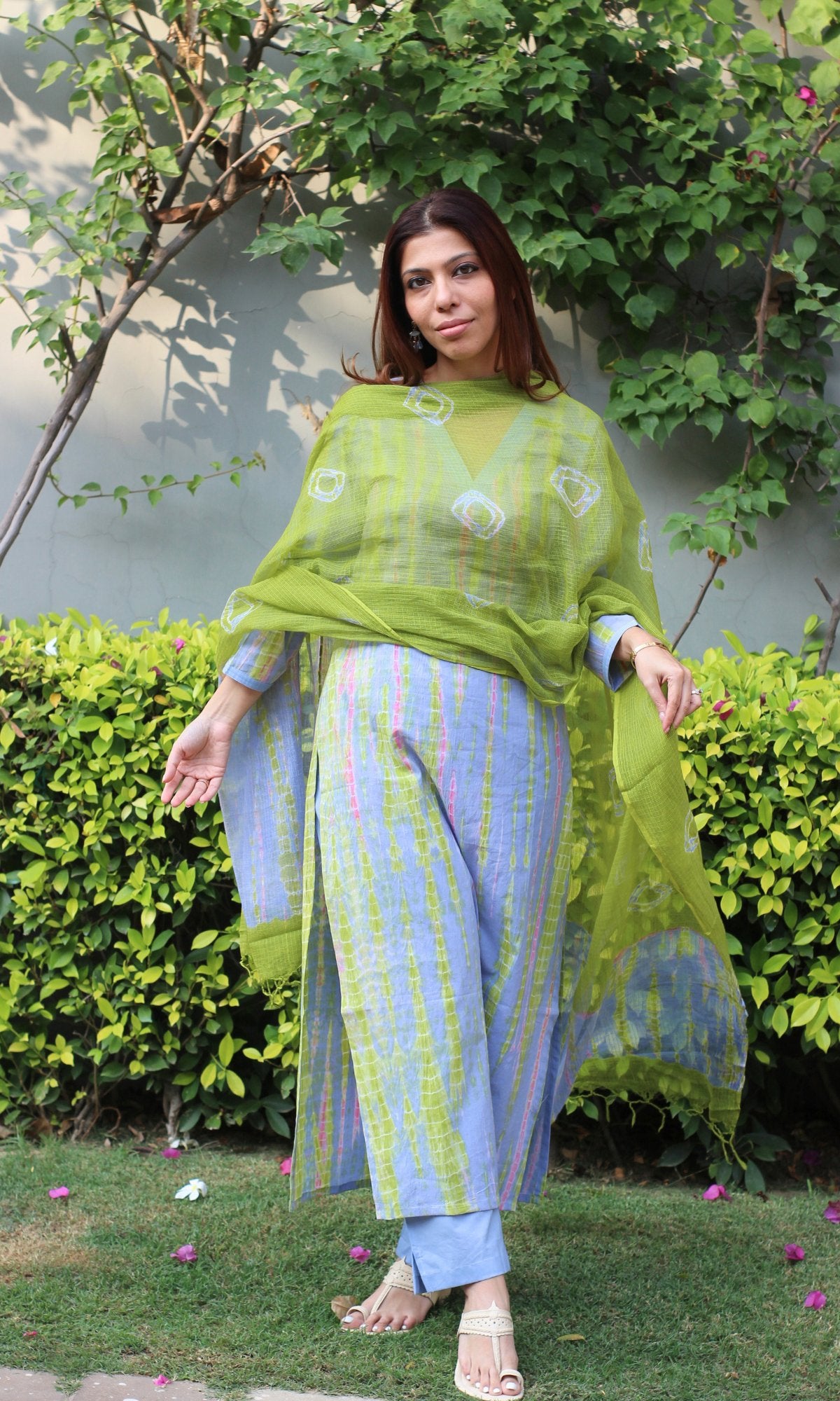 Cotton Soft Lavender & Lime Tie & Dye Straight Kurta Pants with Kota Doria Printed Dupatta - Baareeki