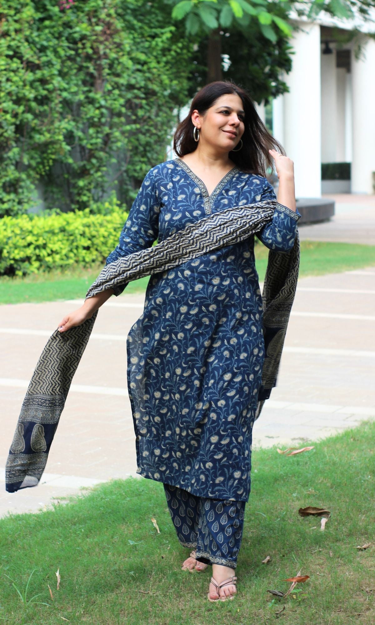 Cotton Space Blue Bel Print Suit Set with Cotton Printed Dupatta - Baareeki