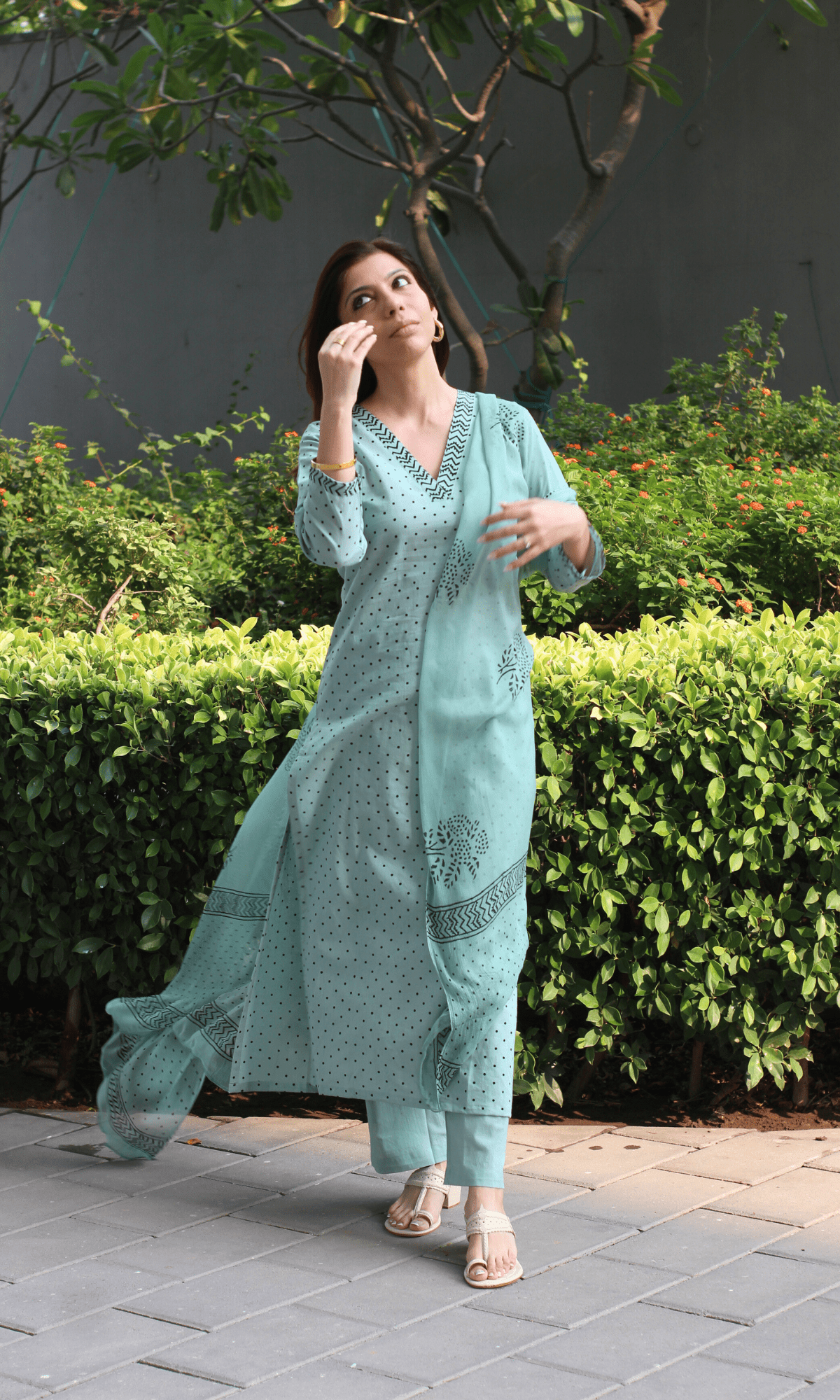 Cotton Spring Green Polka Dots Suit with Chiffon Printed Dupatta - Baareeki