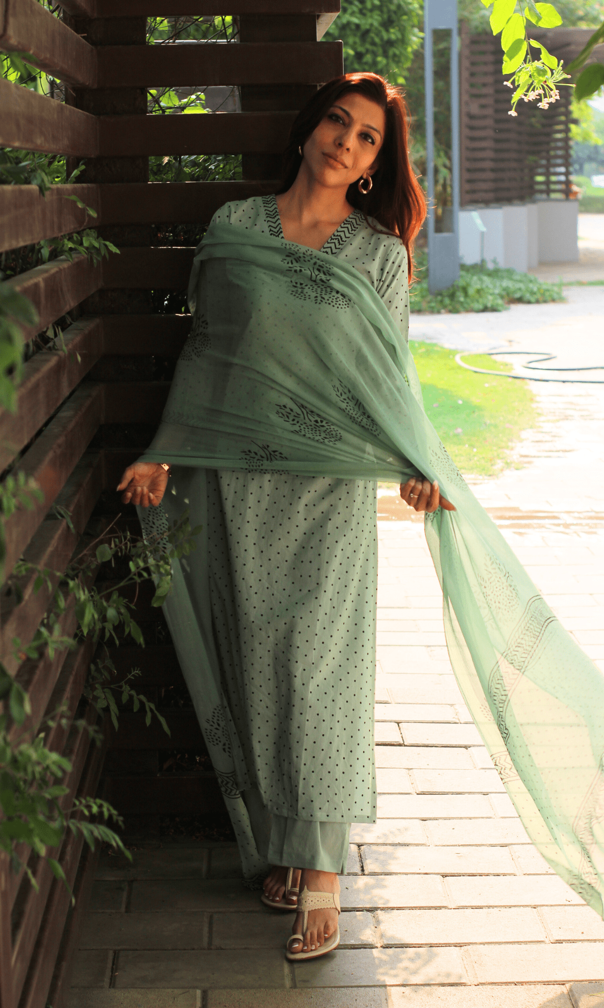 Cotton Spring Green Polka Dots Suit with Chiffon Printed Dupatta - Baareeki