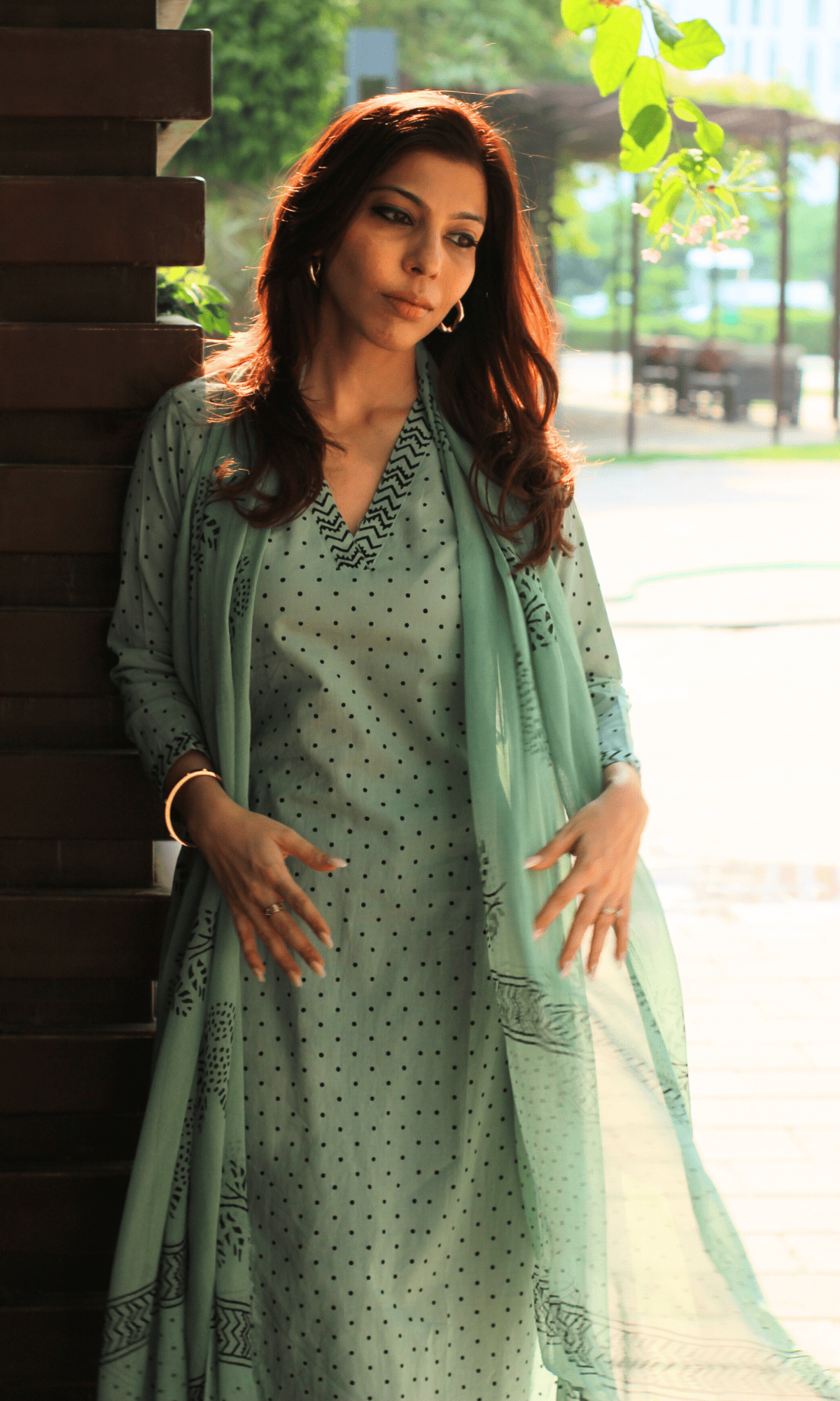 Cotton Spring Green Polka Dots Suit with Chiffon Printed Dupatta - Baareeki