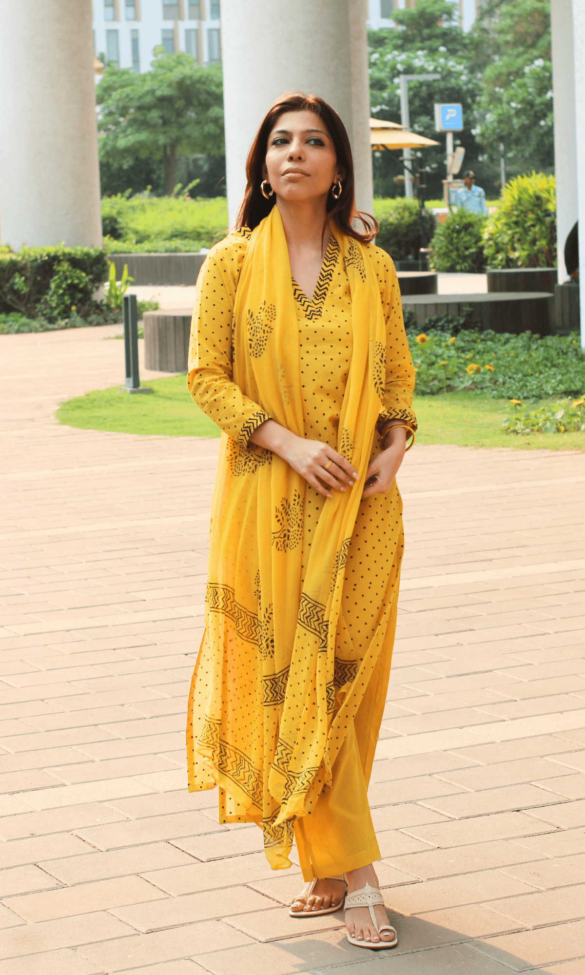 Cotton Spring Yellow Polka Dots Suit with Chiffon Printed Dupatta - Baareeki