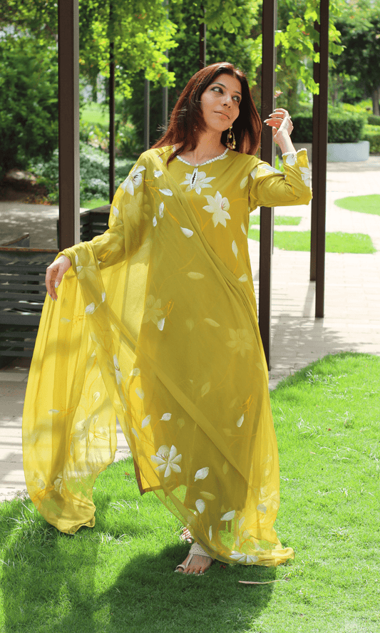 Cotton Sun Olive Hand Brush Painted Suit with Chiffon Handpainted Dupatta - Baareeki