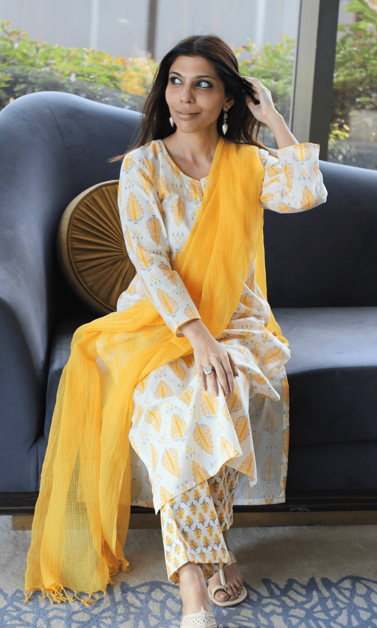 Cotton Sunlit Breeze Printed Kurta, Pant with Kota Doria Dupatta - Baareeki