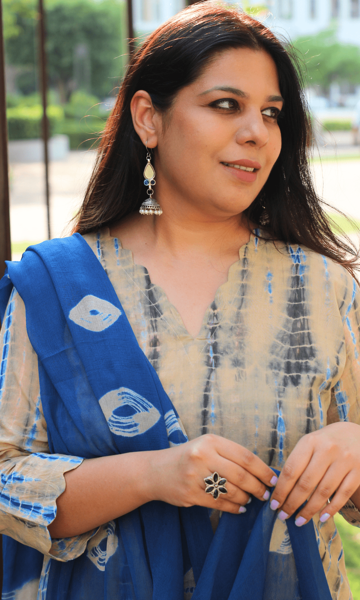 Cotton Tan & Blue Tie & Dye Suit with Chiffon Printed Dupatta - Baareeki